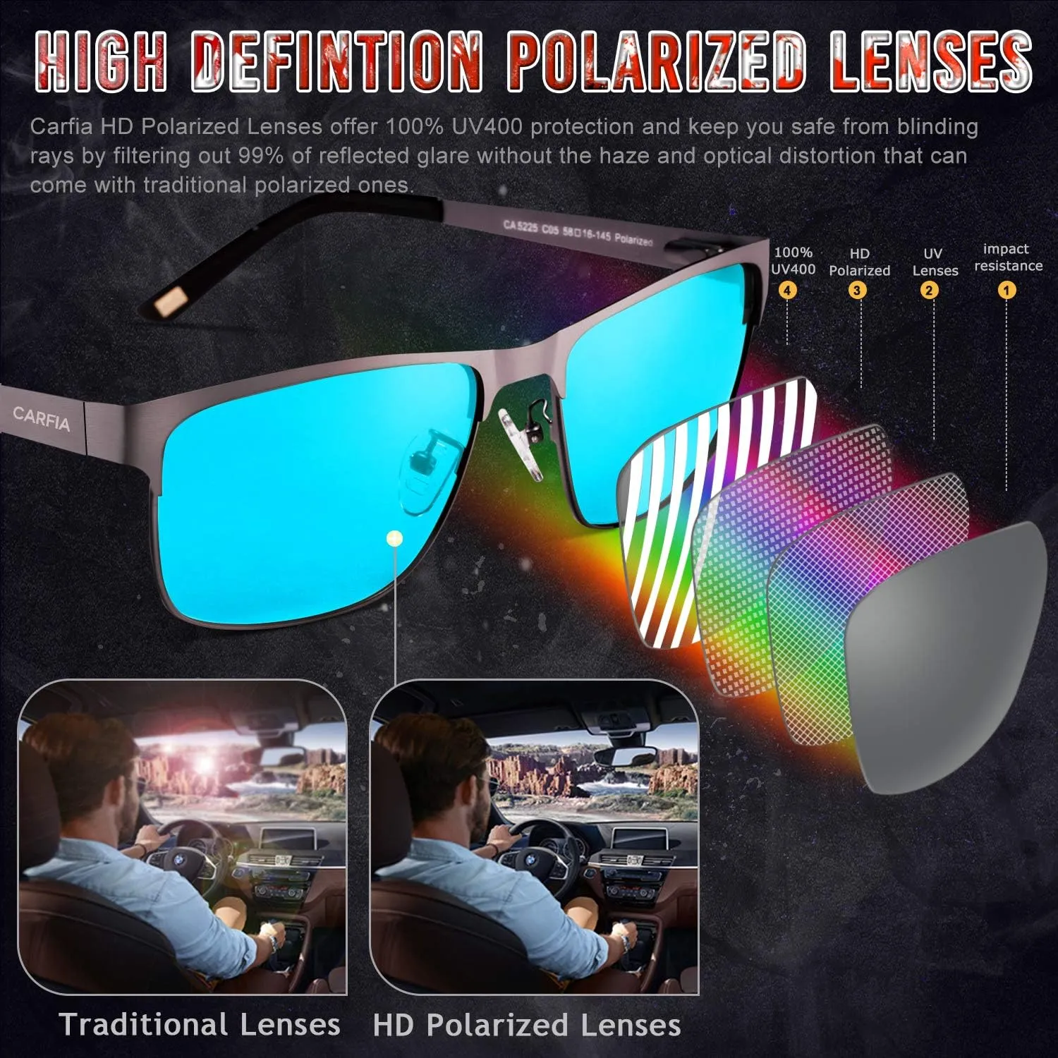 CARFIA Metal Mens Sunglasses Polarized UV400 Protection for Driving Fishing Hiking Golf Everyday Use CA5225