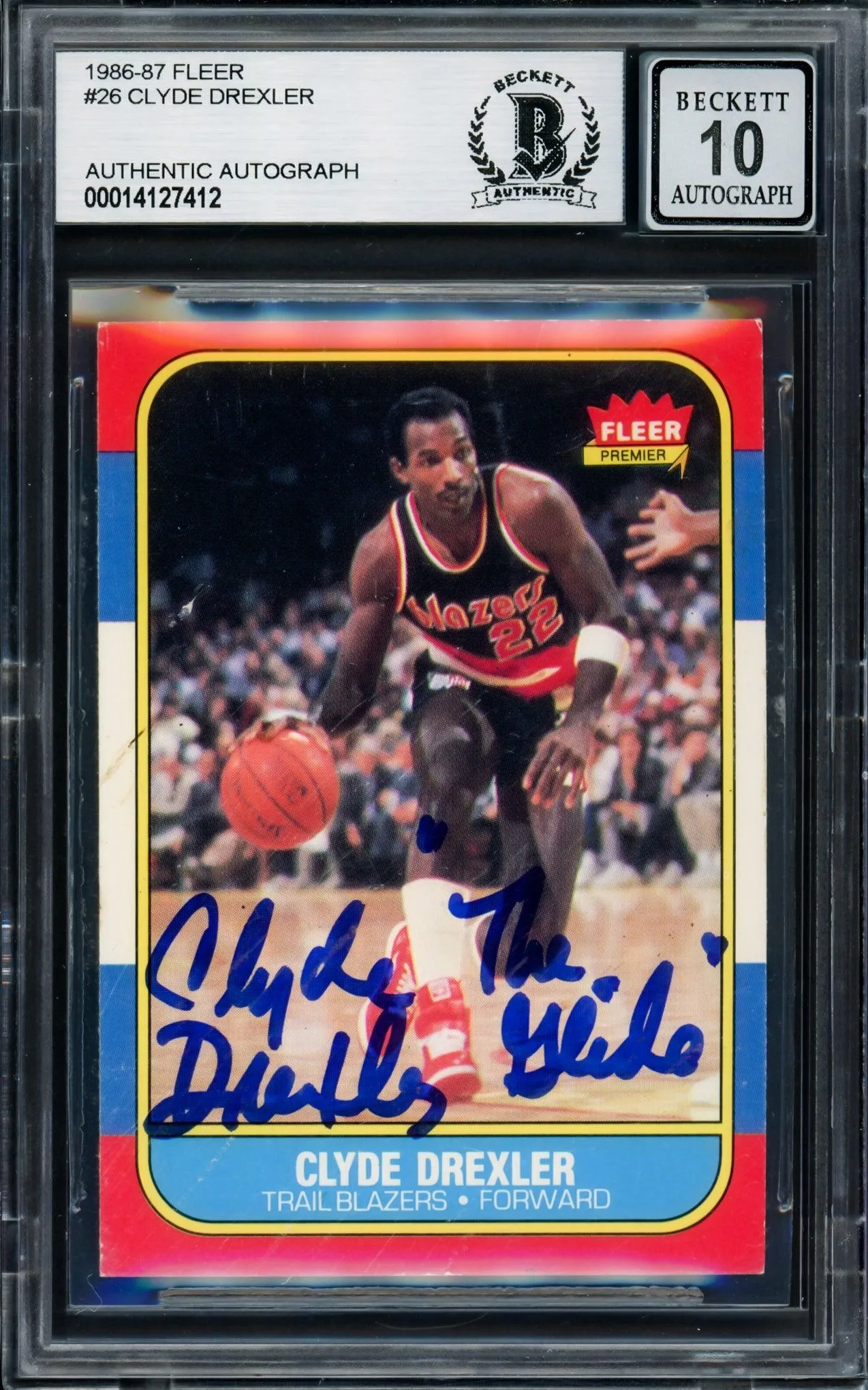 Clyde Drexler Autographed 1986-87 Fleer Rookie Card #26 Portland Trail Blazers Auto Grade Gem Mint 10 "The Glide" (Marks) Beckett BAS #14127412