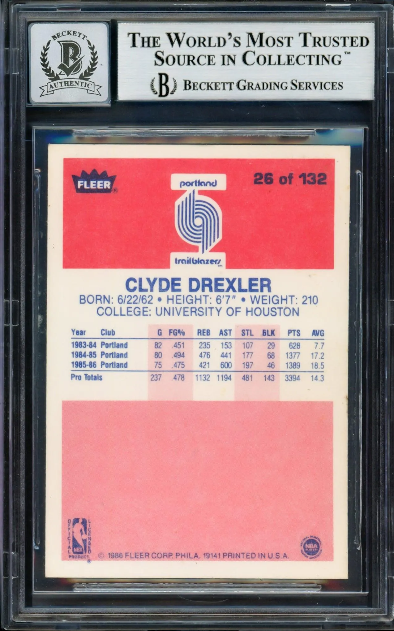 Clyde Drexler Autographed 1986-87 Fleer Rookie Card #26 Portland Trail Blazers Auto Grade Gem Mint 10 "The Glide" (Marks) Beckett BAS #14127412