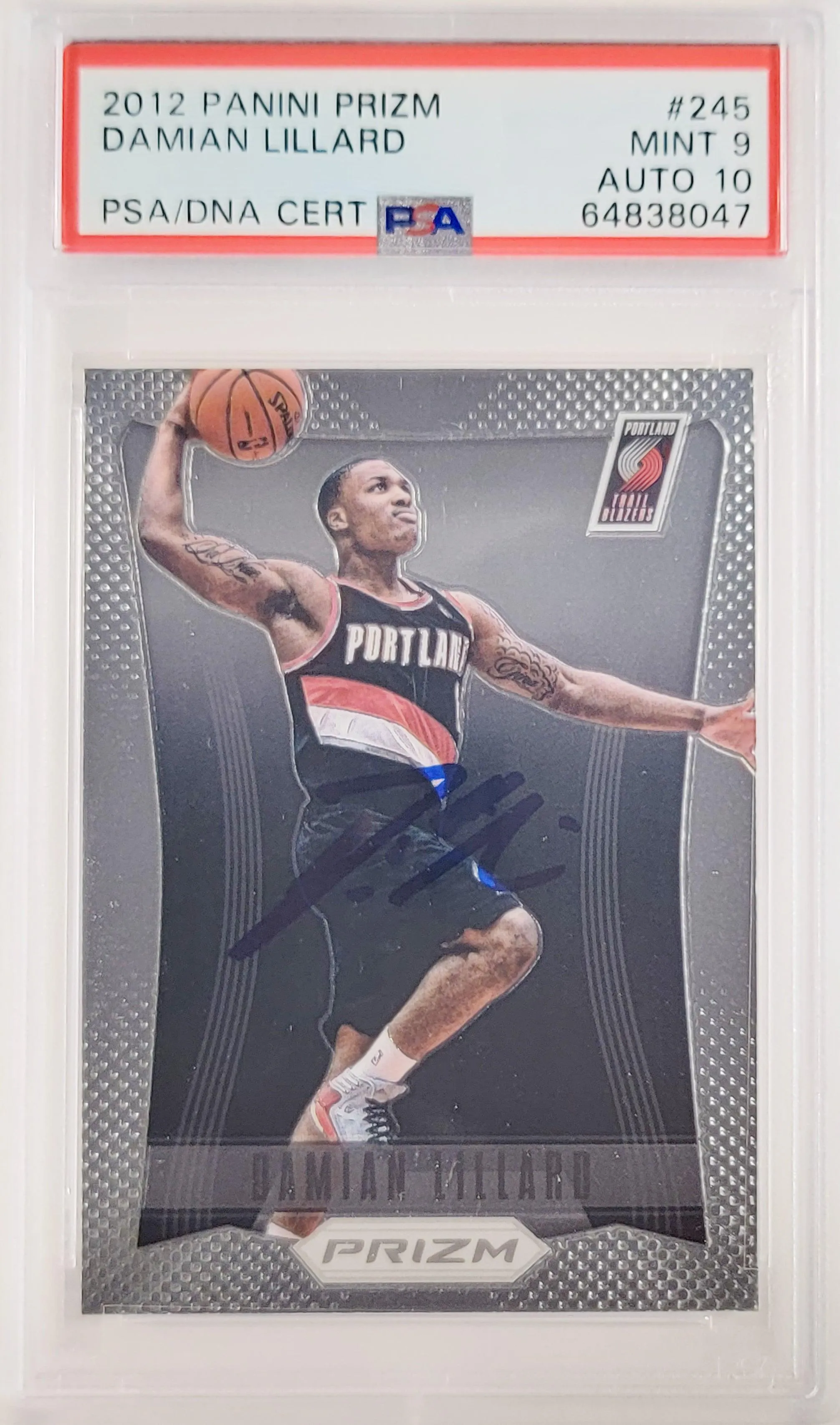 Damian Lillard Autographed 2012 Panini Prizm Rookie Card #245 Portland Trail Blazers PSA 9 Auto Grade Gem Mint 10 On Card PSA/DNA #64838047