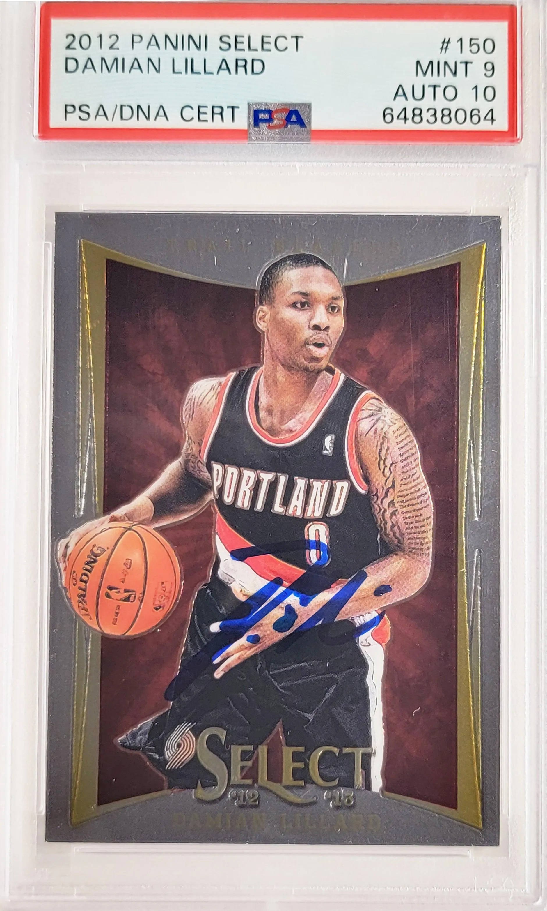 Damian Lillard Autographed 2012 Panini Select Rookie Card #150 Portland Trail Blazers PSA 9 Auto Grade Gem Mint 10 On Card PSA/DNA #64838064