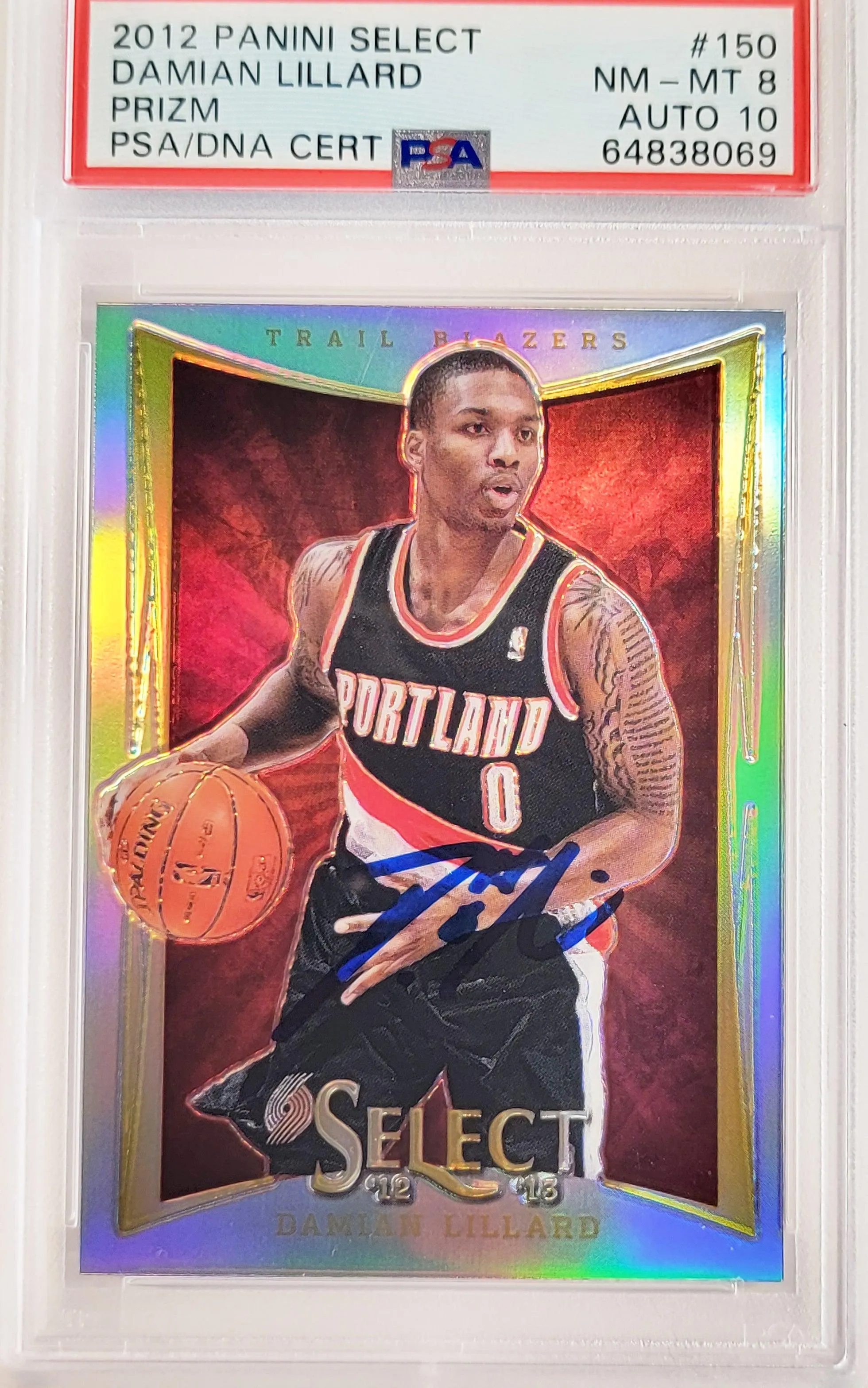Damian Lillard Autographed 2012 Panini Select Silver Prizm Rookie Card #150 Portland Trail Blazers PSA 8 Auto Grade Gem Mint 10 On Card PSA/DNA #64838069