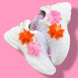 FUNKY N TRENDY Floral hand work sneakers with custom hashtag and wedding date for brides / bridesmaids/ pink white sneakers / orange sneakers / floral shoes / floral embroidered sneakers/ embroidered shoes