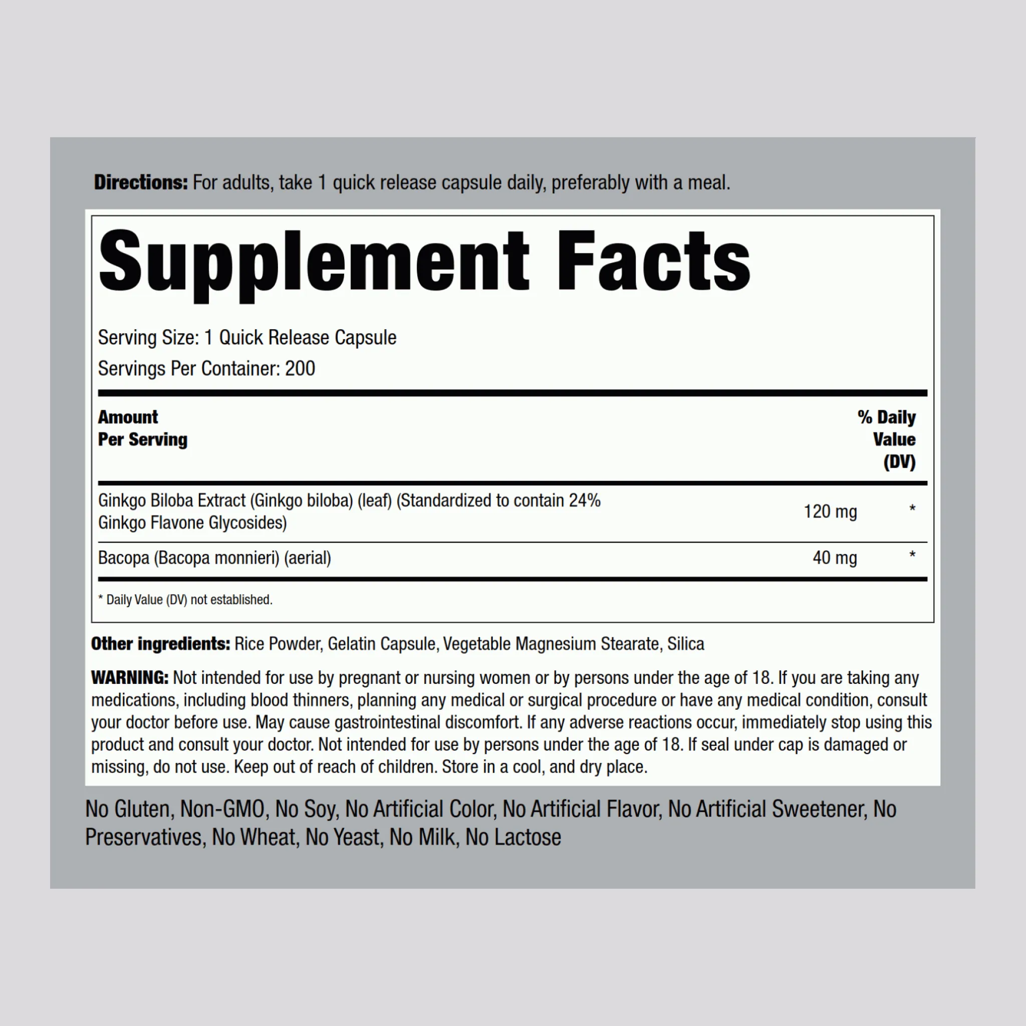 Ginkgo Biloba Standardized Extract, 120 mg, 200 Quick Release Capsules