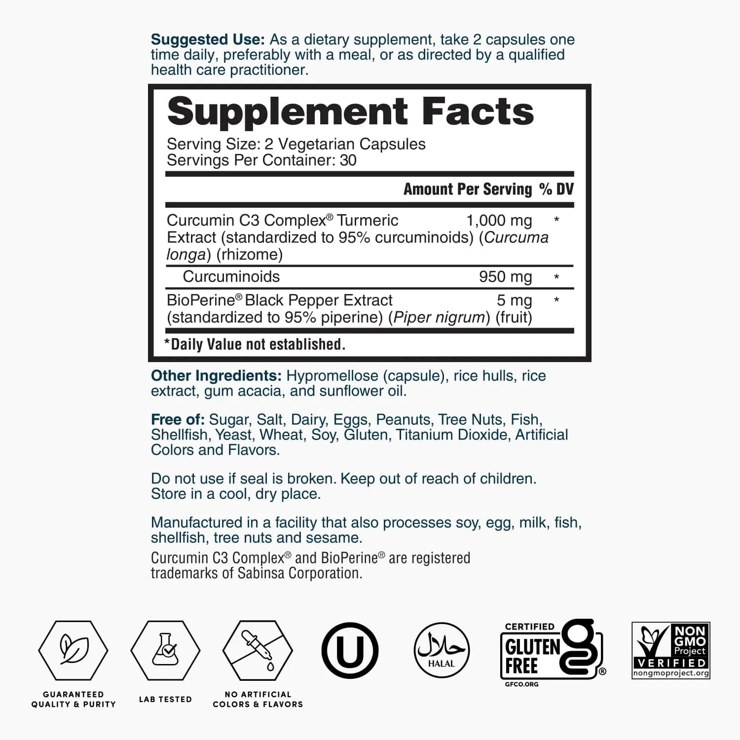 Nature's Lab Gold Turmeric Extract with Curcumin C3 and BioPerine - 60 capsules