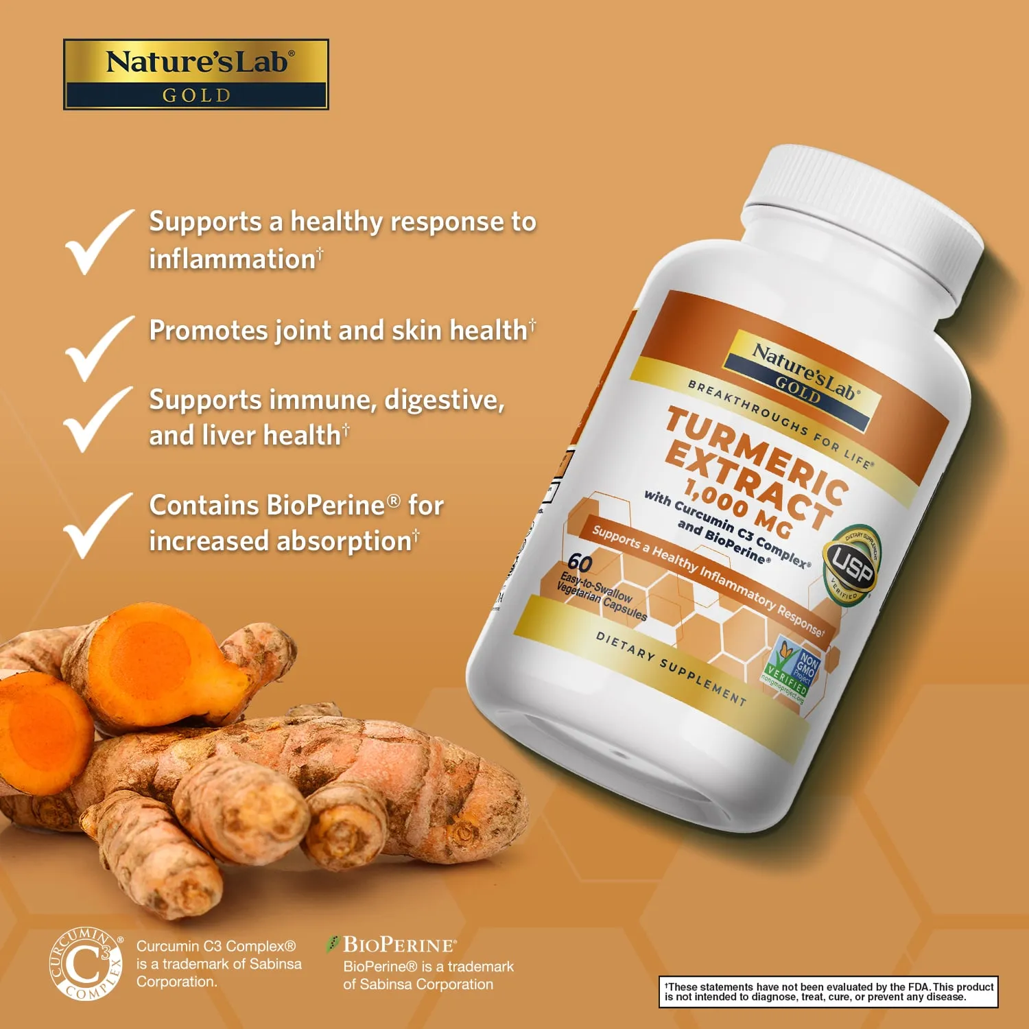 Nature's Lab Gold Turmeric Extract with Curcumin C3 and BioPerine - 60 capsules