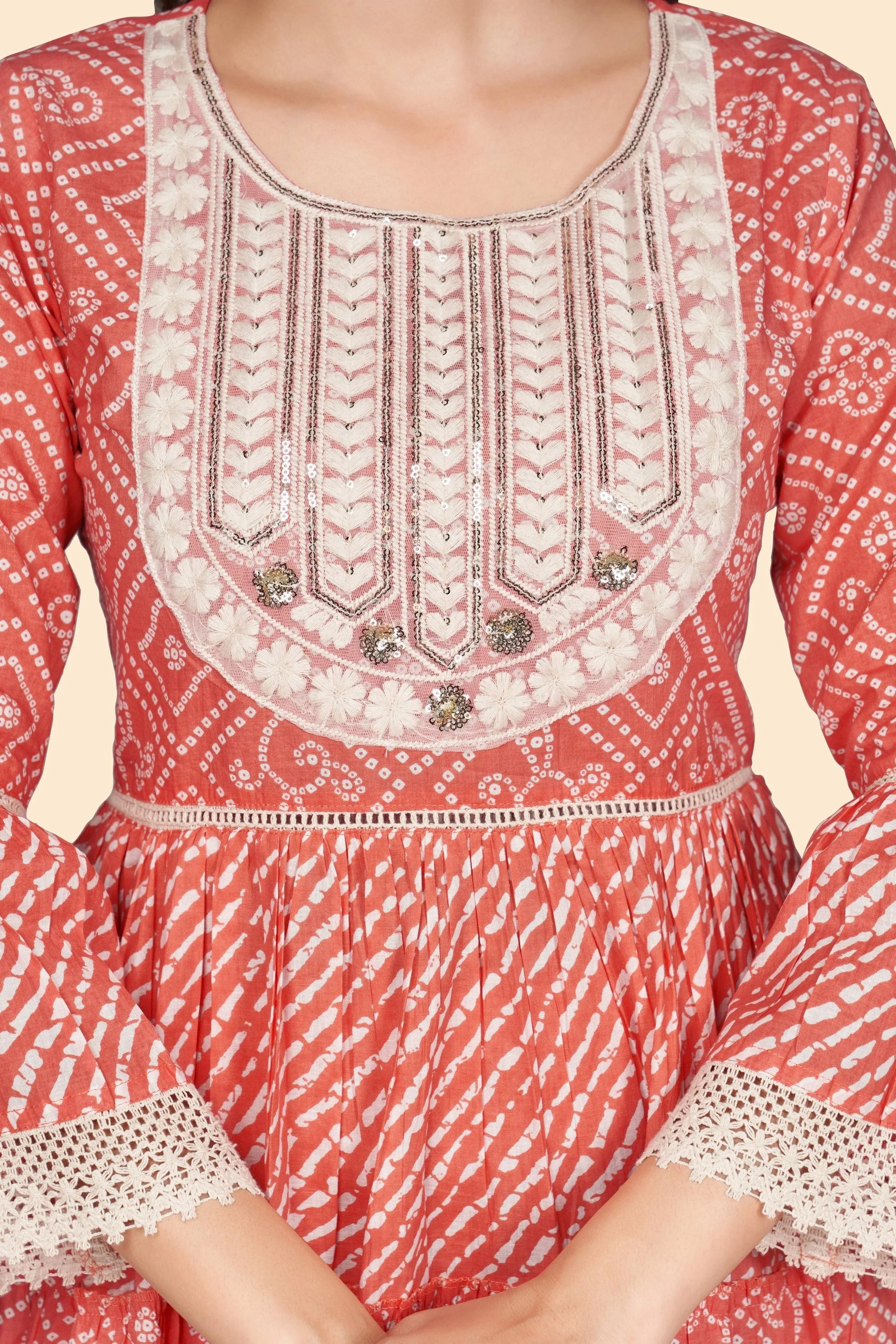 Women'S Bandhani Print & Embroidered Flared Cotton Orange Stitched Top With Pant