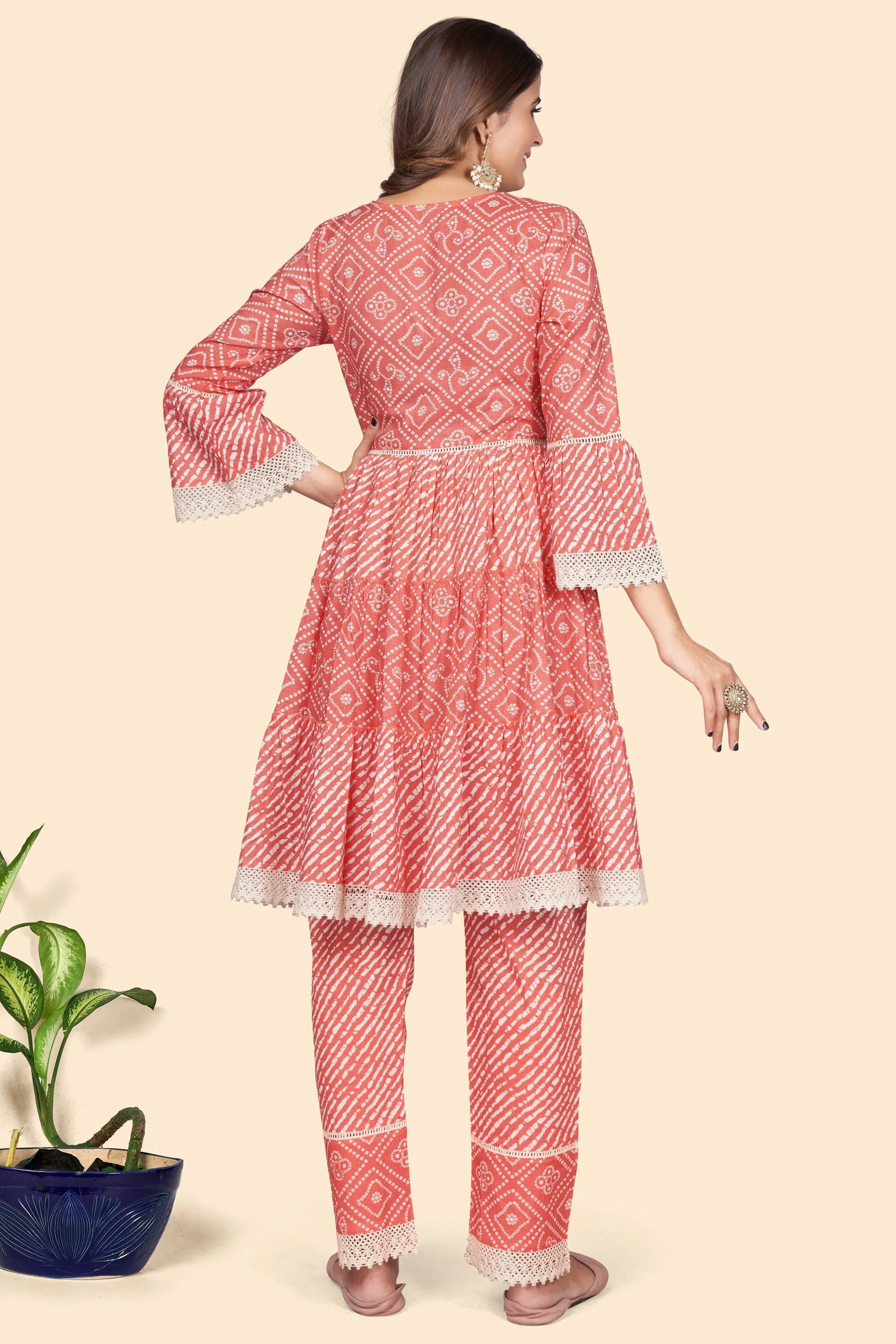 Women'S Bandhani Print & Embroidered Flared Cotton Orange Stitched Top With Pant