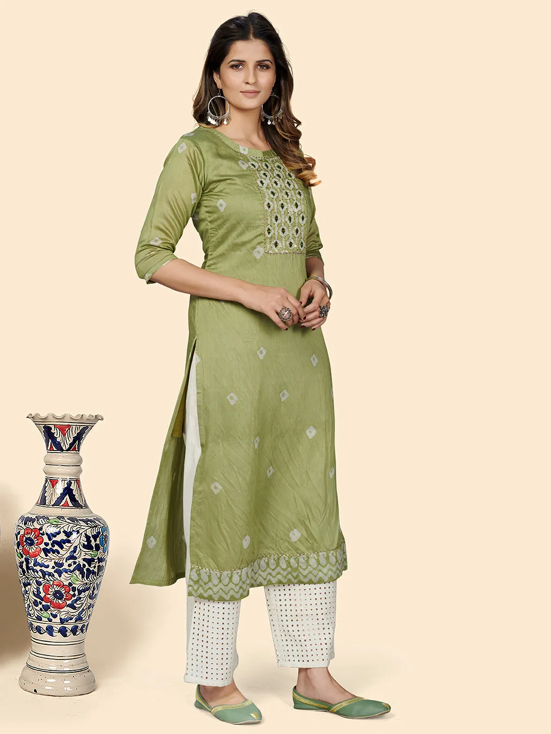 Women'S Batik Print Straight Chanderi Parrot Green Stitched Kurta With Dupatta