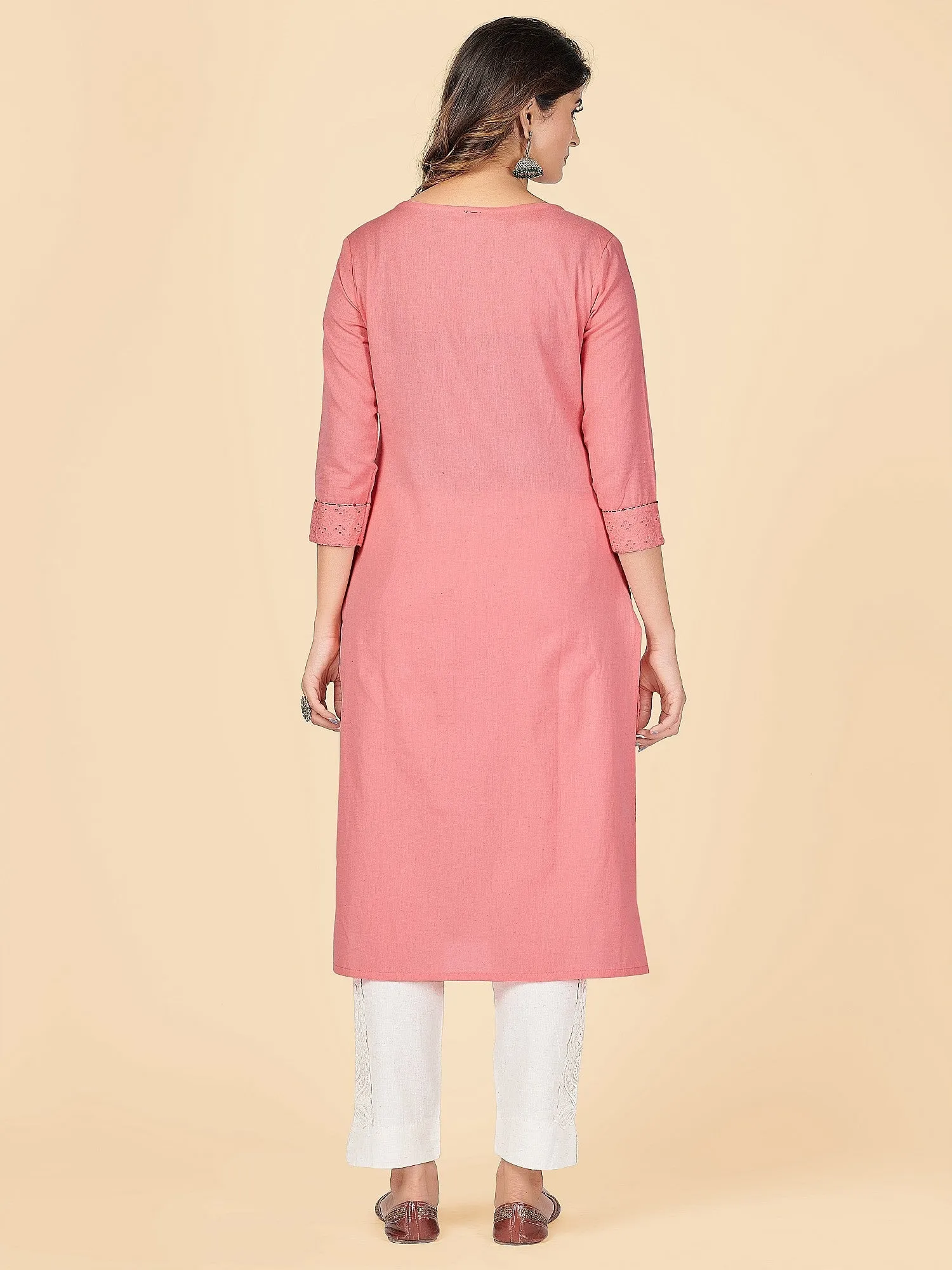 Women'S Chikankari & Embroidered Straight Cotton Peach Stitched Kurta