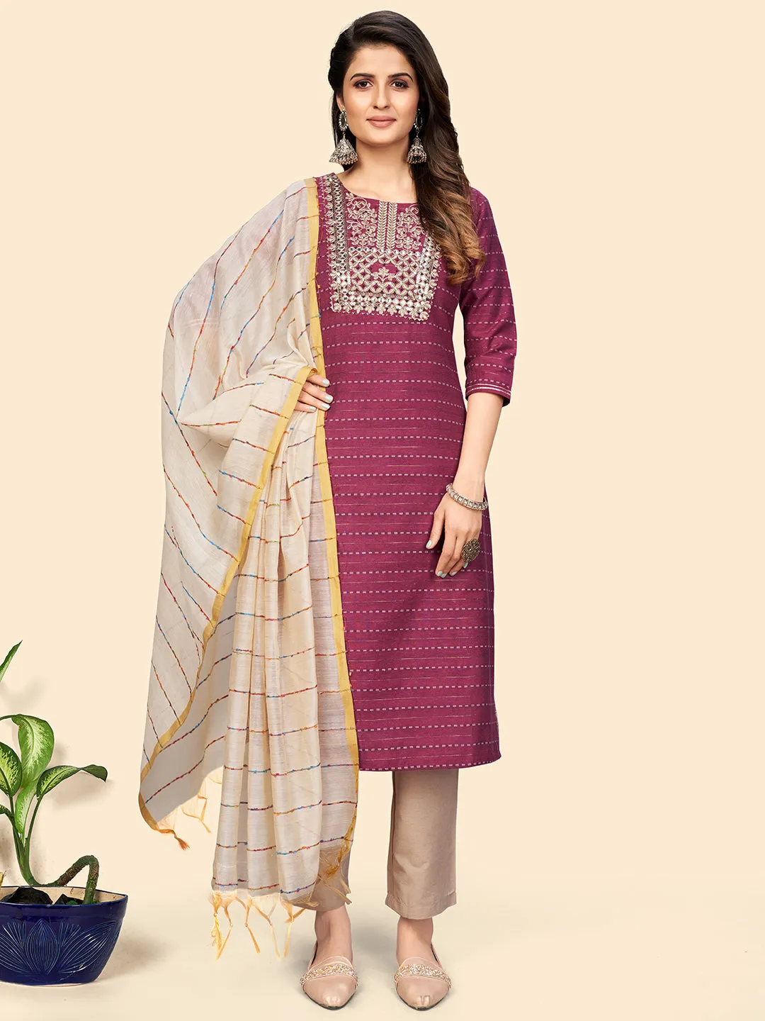 Women'S Embroidered & Mirror Straight Cotton Magenta  Stitched Kurta Pant With Dupatta