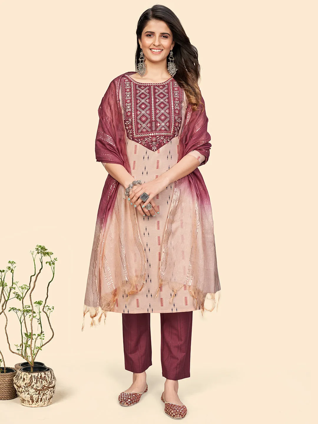 Women'S Embroidered & Mirror Straight Cotton Peach Stitched Kurta Pant With Dupatta