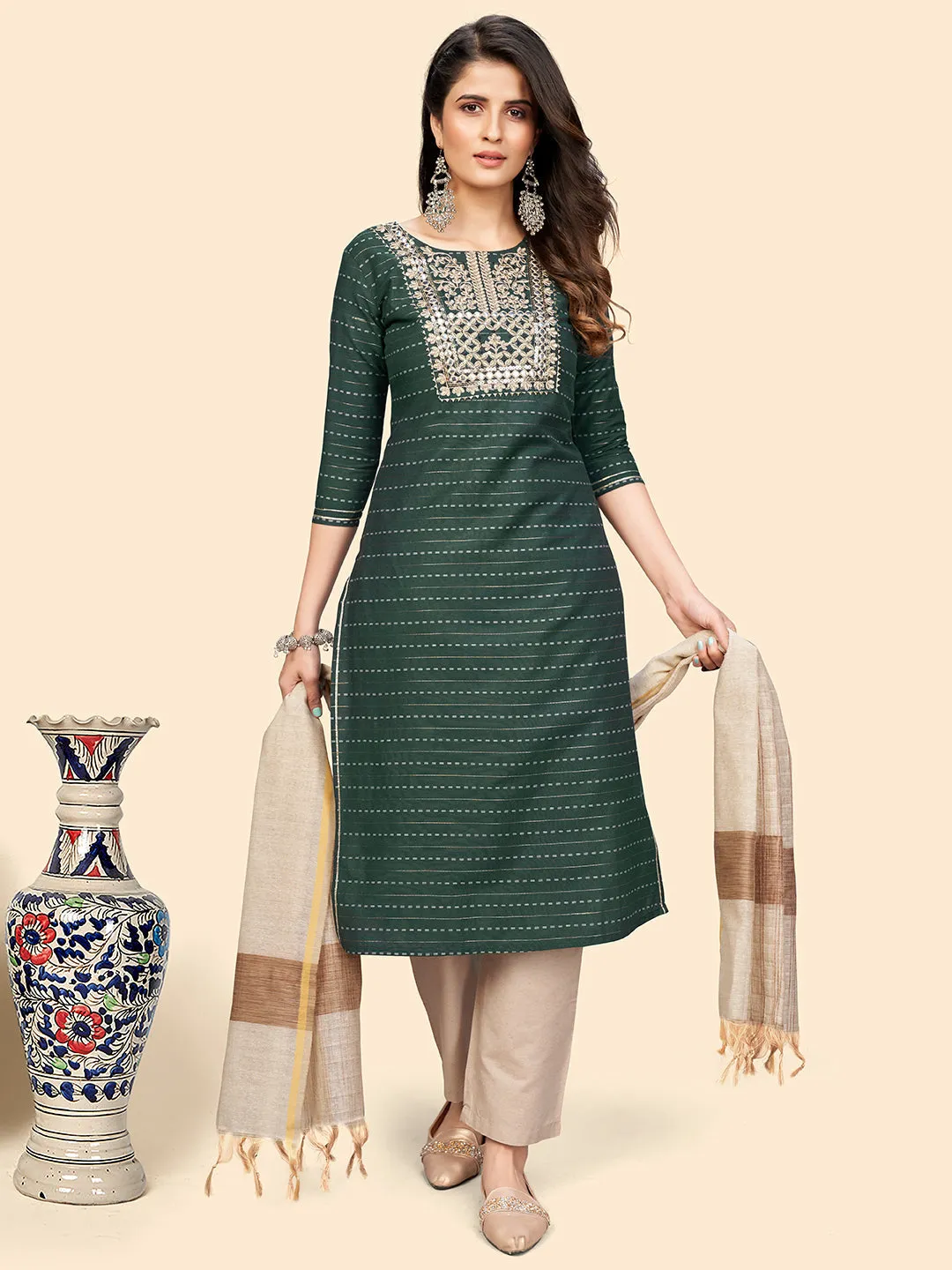 Women'S Embroidered & Mirror Straight Cotton Teal Green Stitched Kurta Pant With Dupatta