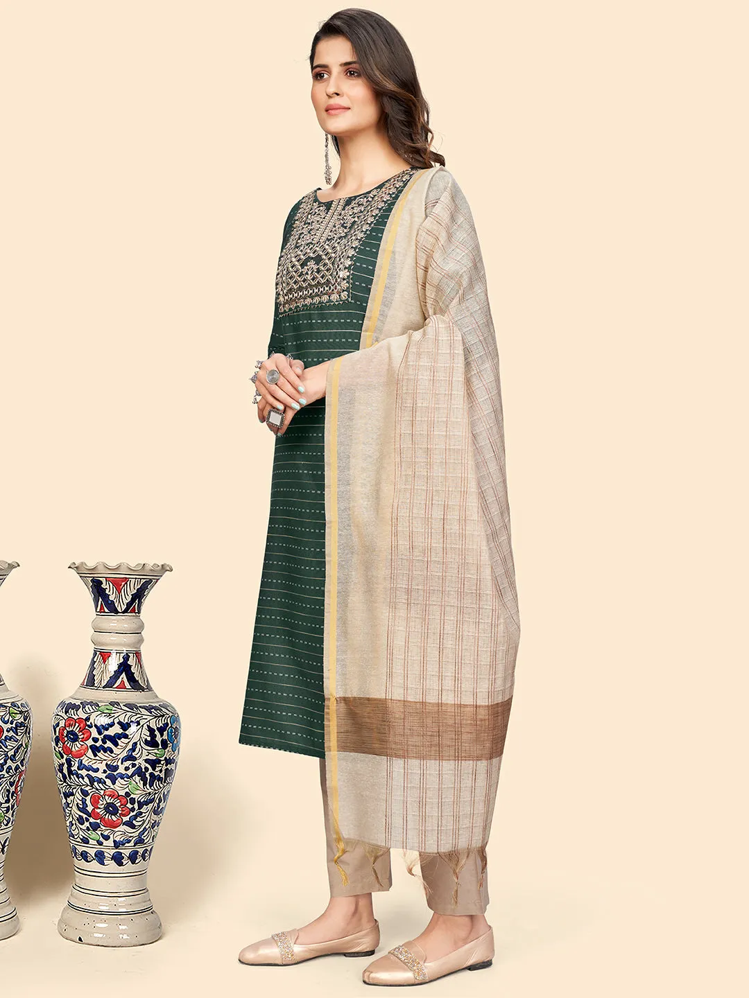 Women'S Embroidered & Mirror Straight Cotton Teal Green Stitched Kurta Pant With Dupatta
