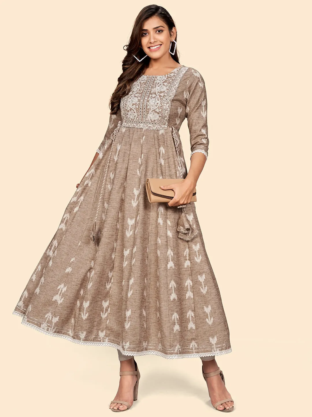 Women'S Embroidered Anarkali Cotton Blend Light Brown Stitched Dress