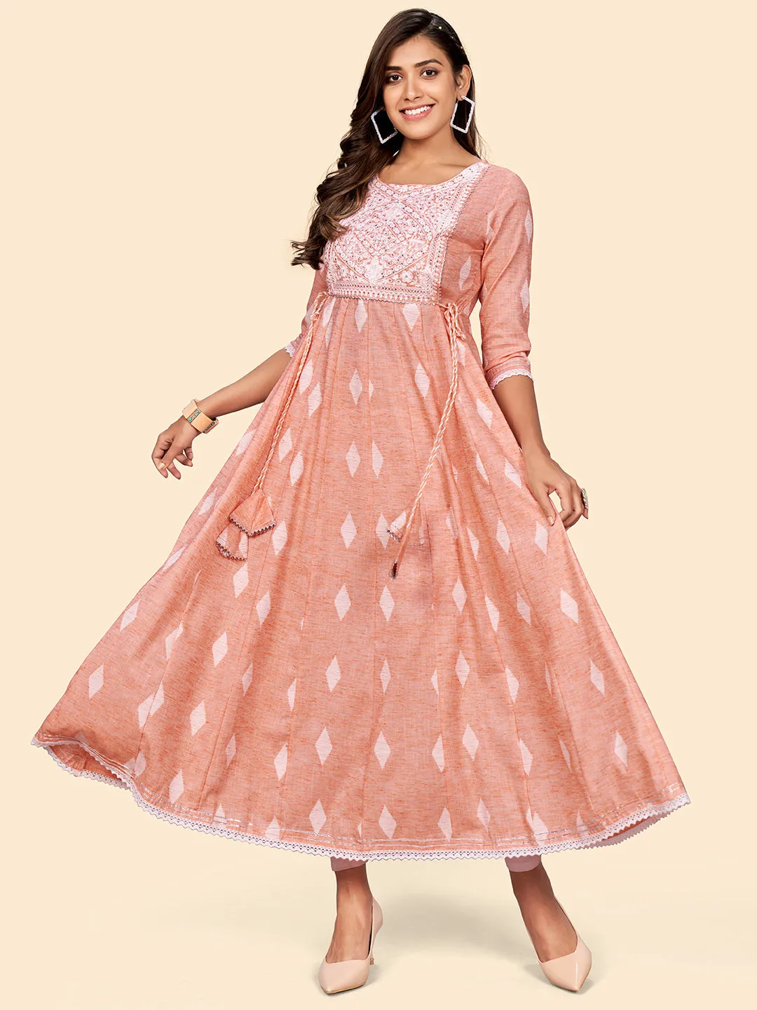 Women'S Embroidered Anarkali Cotton Blend Orange Stitched Dress