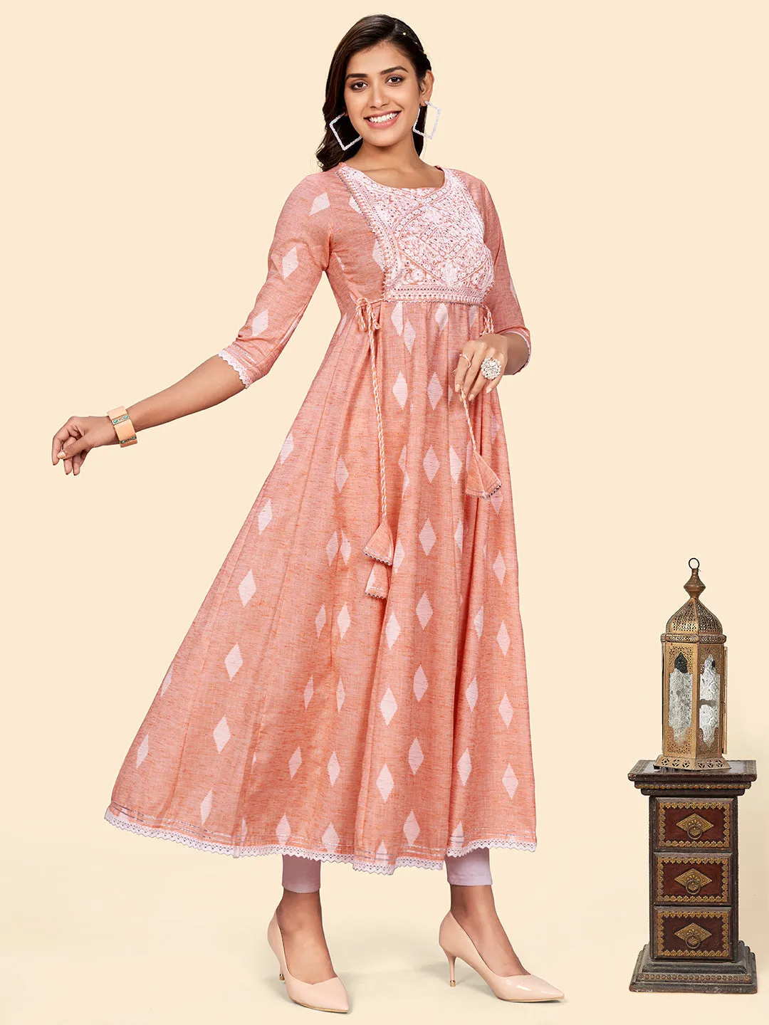 Women'S Embroidered Anarkali Cotton Blend Orange Stitched Dress