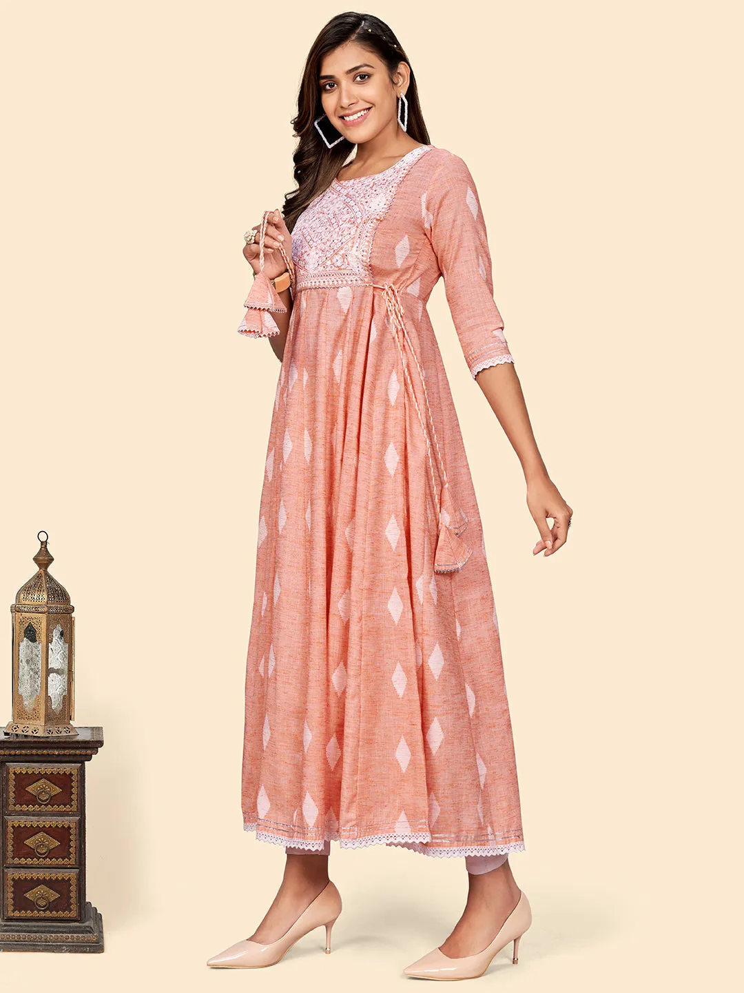 Women'S Embroidered Anarkali Cotton Blend Orange Stitched Dress