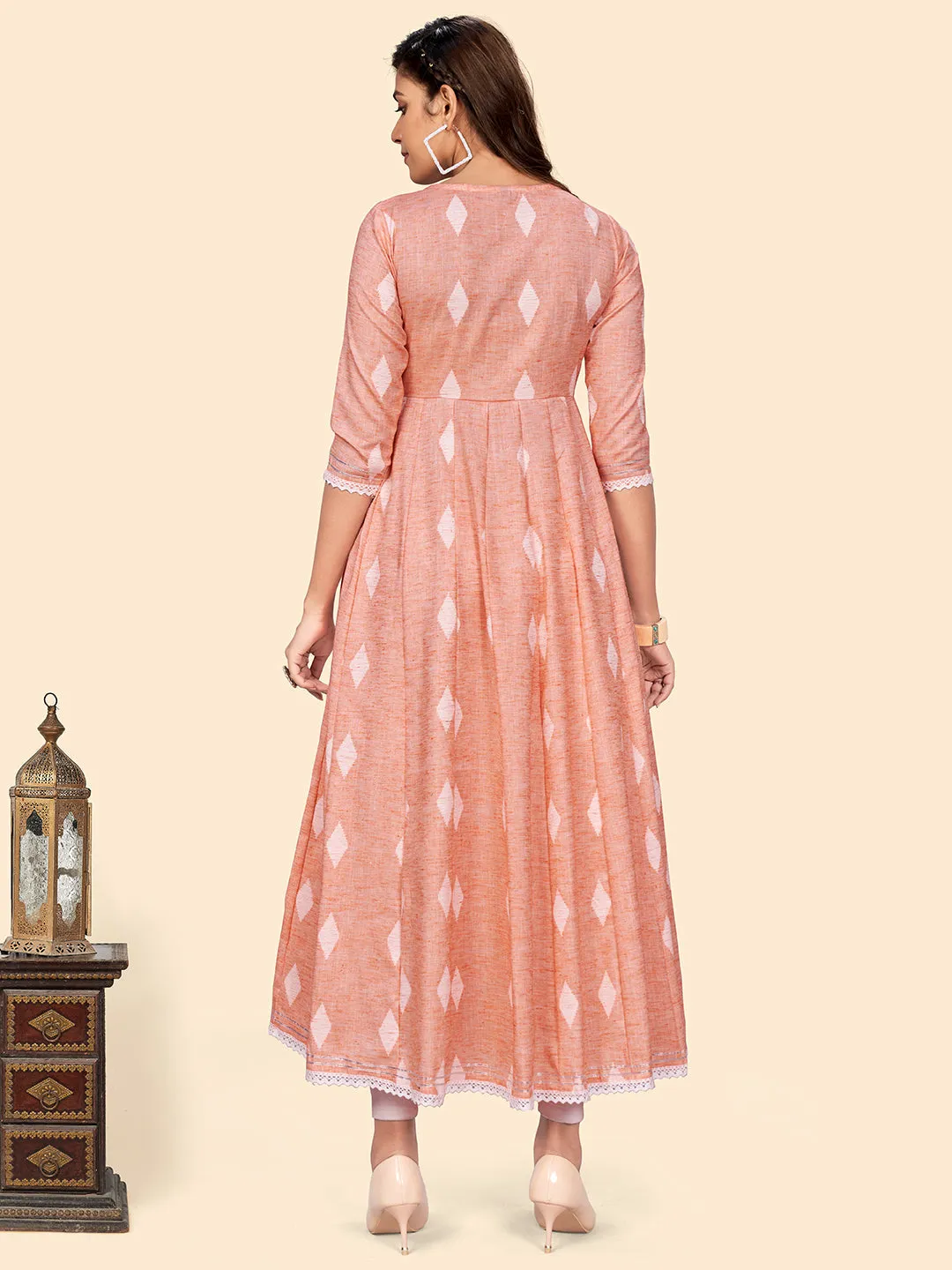 Women'S Embroidered Anarkali Cotton Blend Orange Stitched Dress