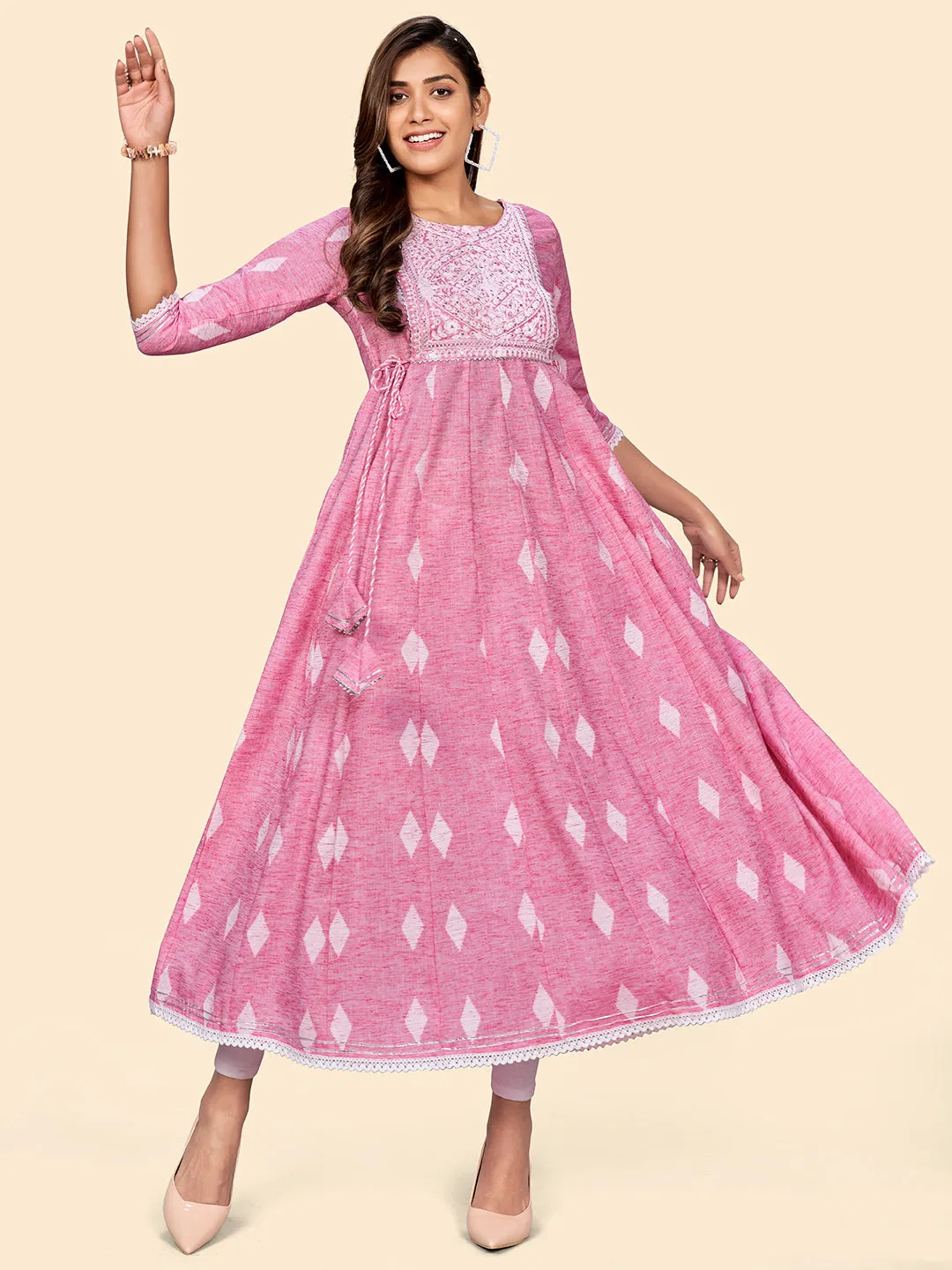 Women'S Embroidered Anarkali Cotton Blend Pink Stitched Dress