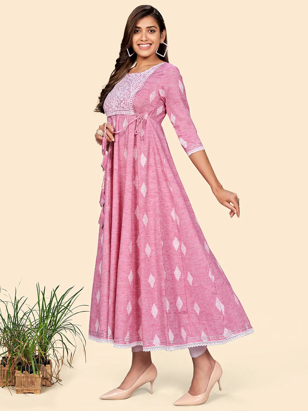 Women'S Embroidered Anarkali Cotton Blend Pink Stitched Dress