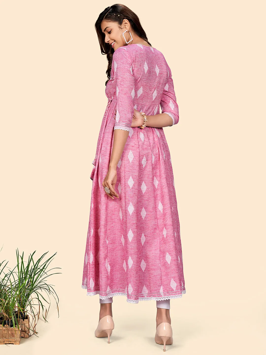 Women'S Embroidered Anarkali Cotton Blend Pink Stitched Dress