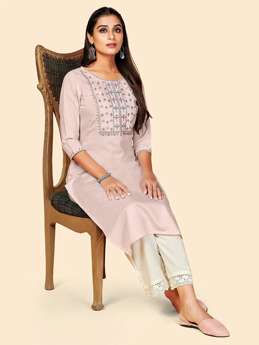 Women'S Embroidered Straight Rayon Light Pink Stitched Kurta
