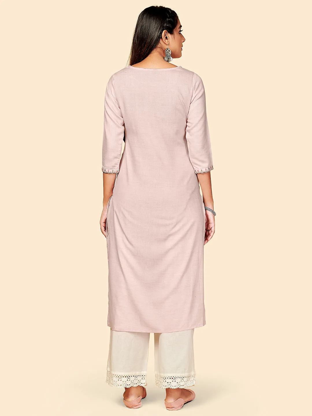 Women'S Embroidered Straight Rayon Light Pink Stitched Kurta