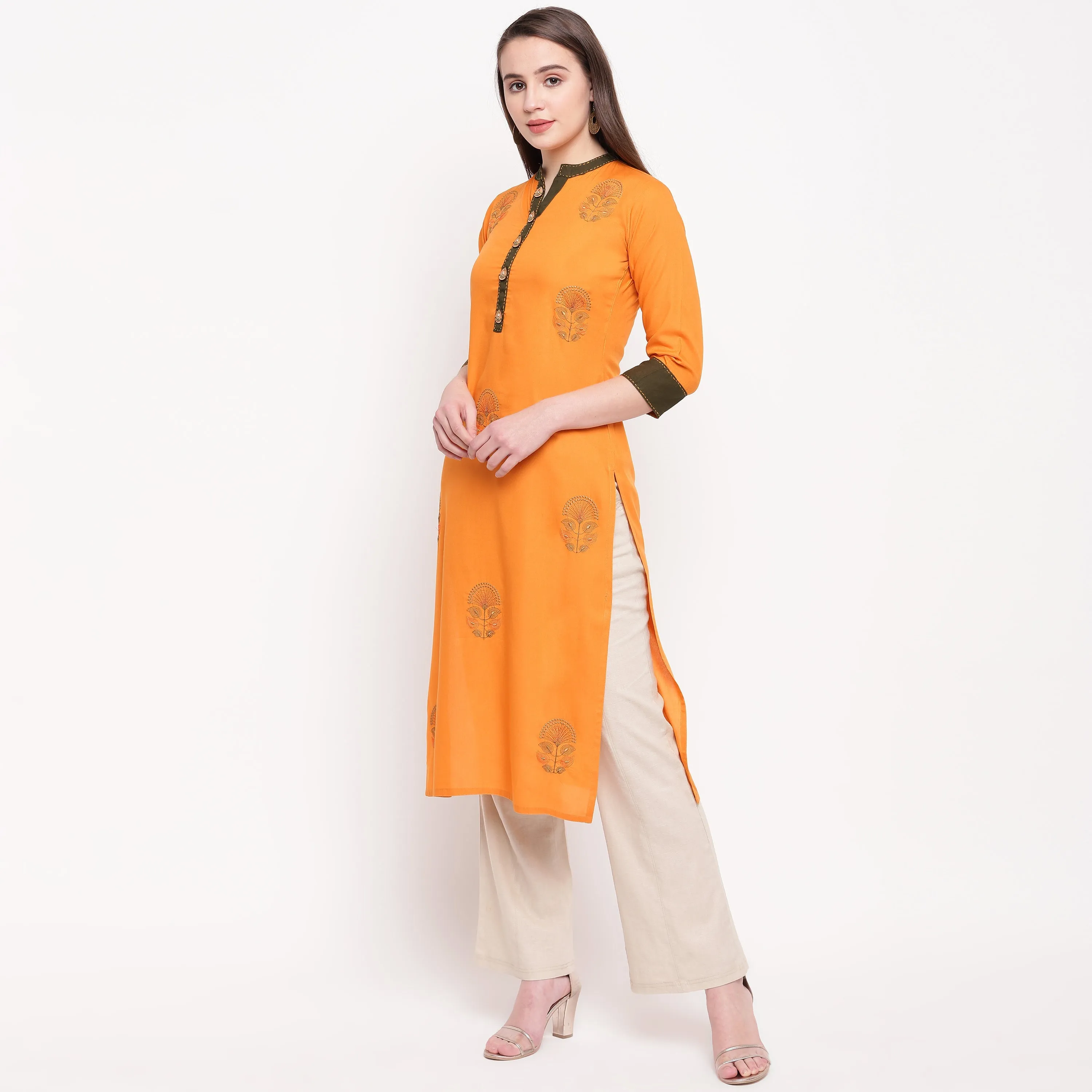 Women'S Embroidered Straight Rayon Mustard Kurta (1Pc)