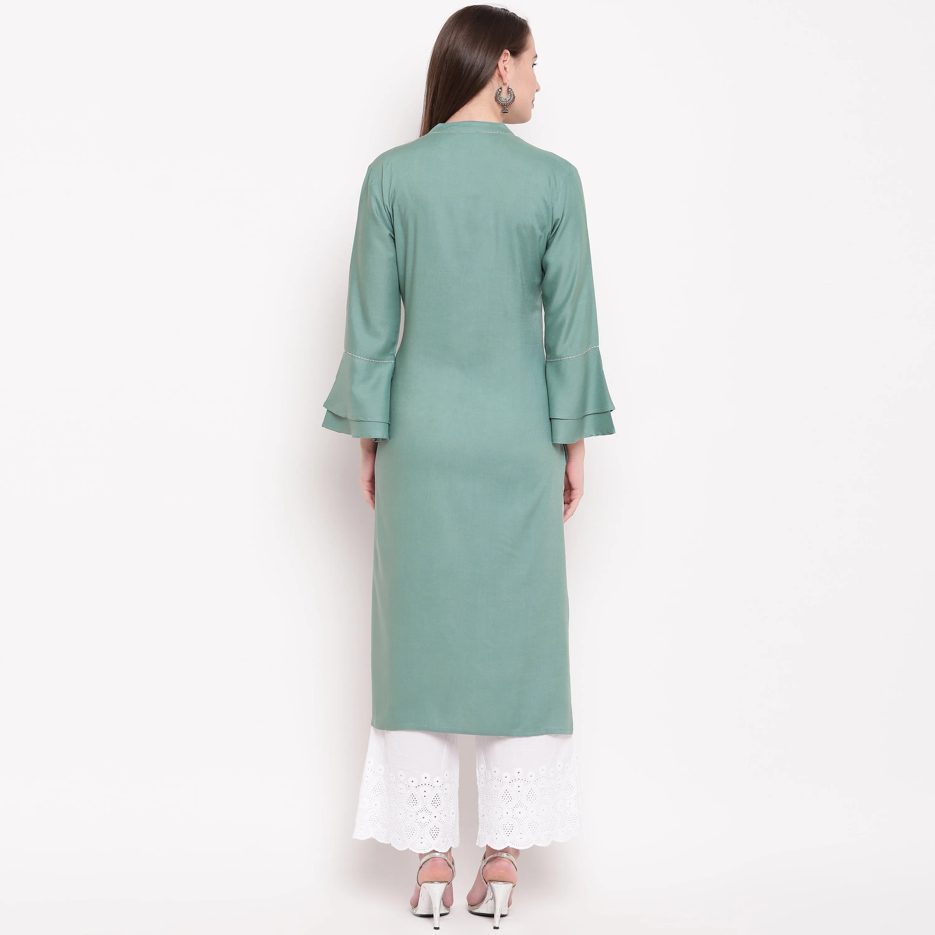 Women'S Embroidered/Solid Straight Rayon See Green Kurti