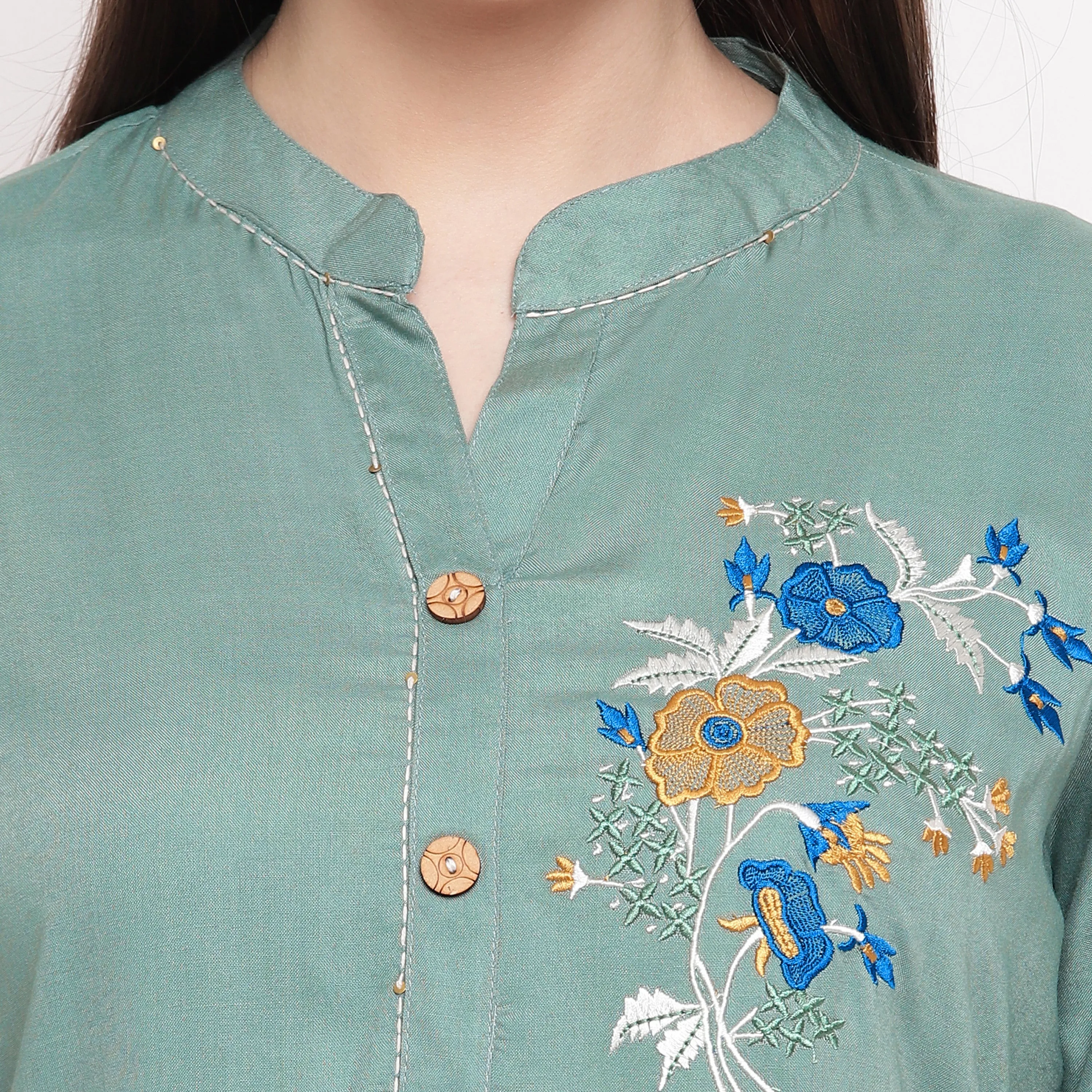 Women'S Embroidered/Solid Straight Rayon See Green Kurti