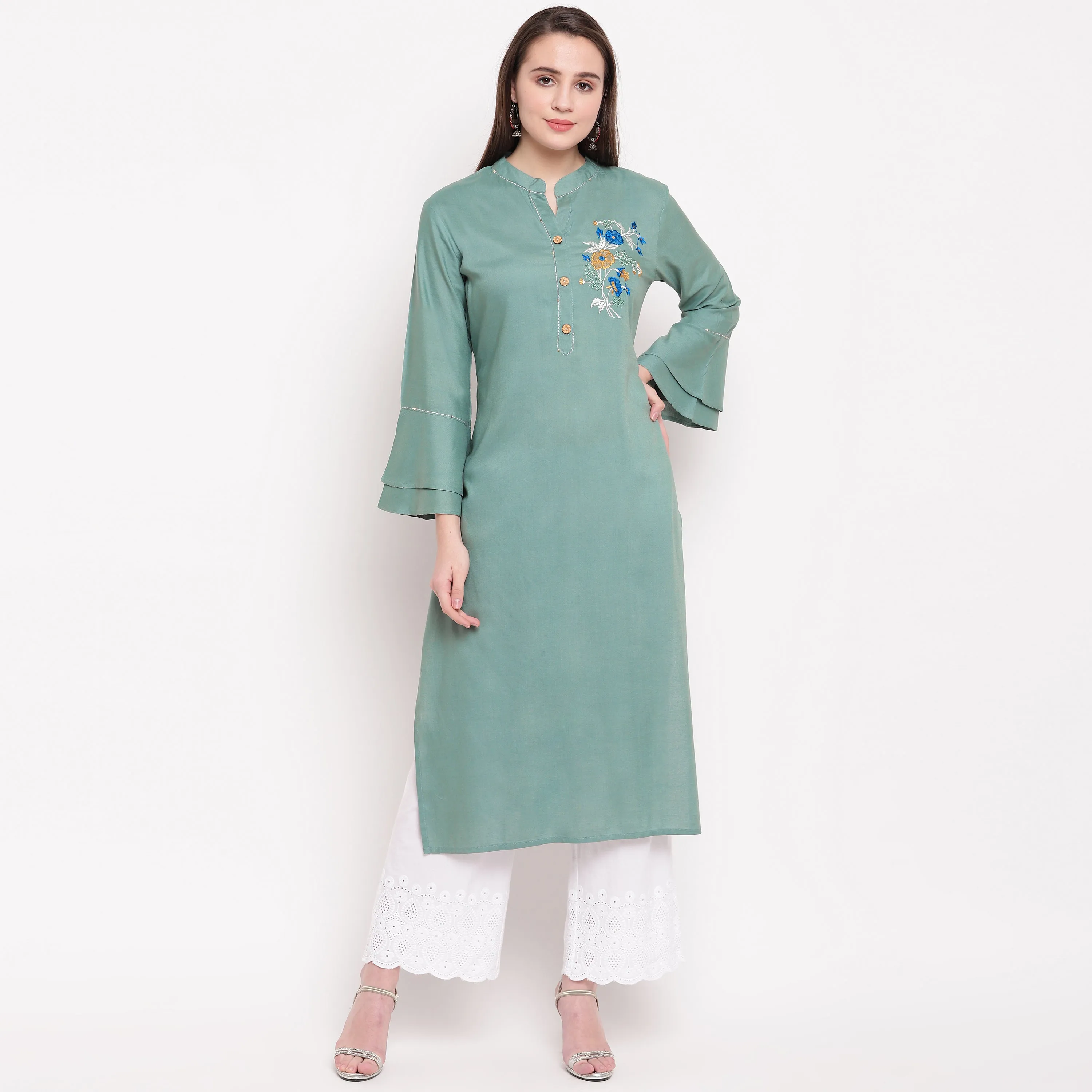 Women'S Embroidered/Solid Straight Rayon See Green Kurti