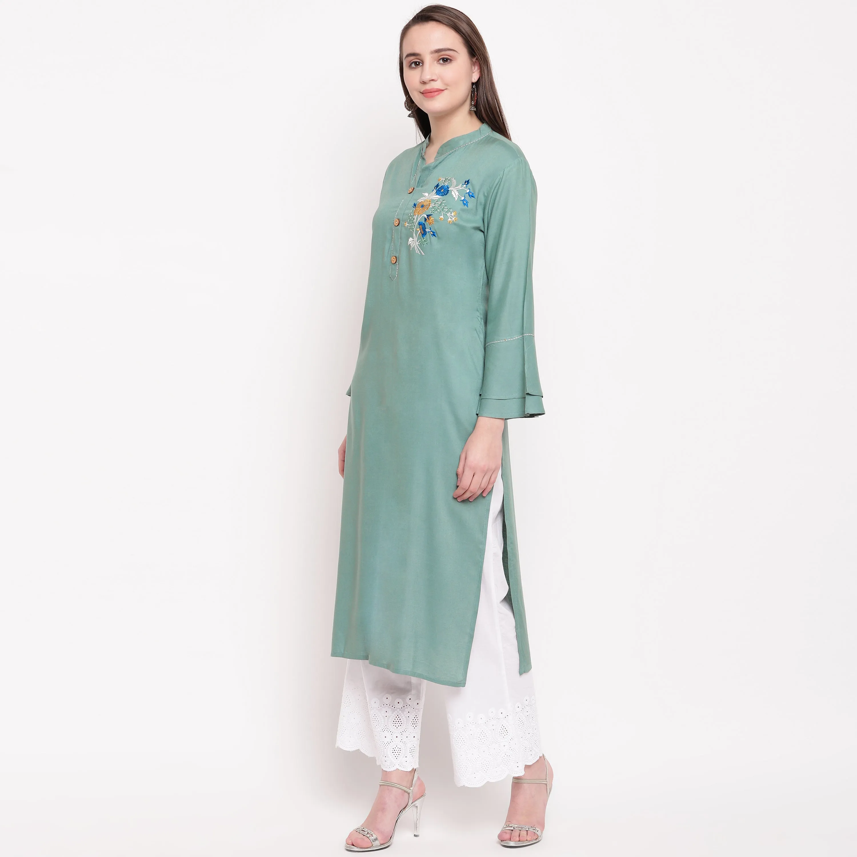 Women'S Embroidered/Solid Straight Rayon See Green Kurti