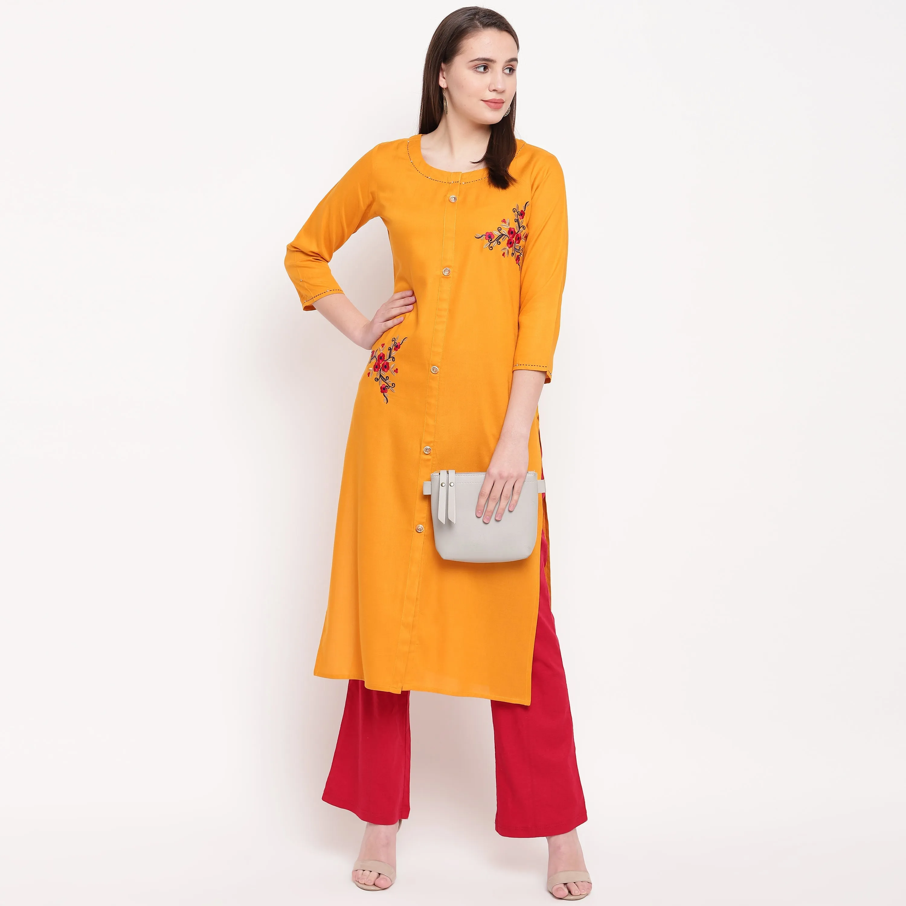 Women'S Embroidered/Solid Straight Rayon Yellow Kurta (1Pc)