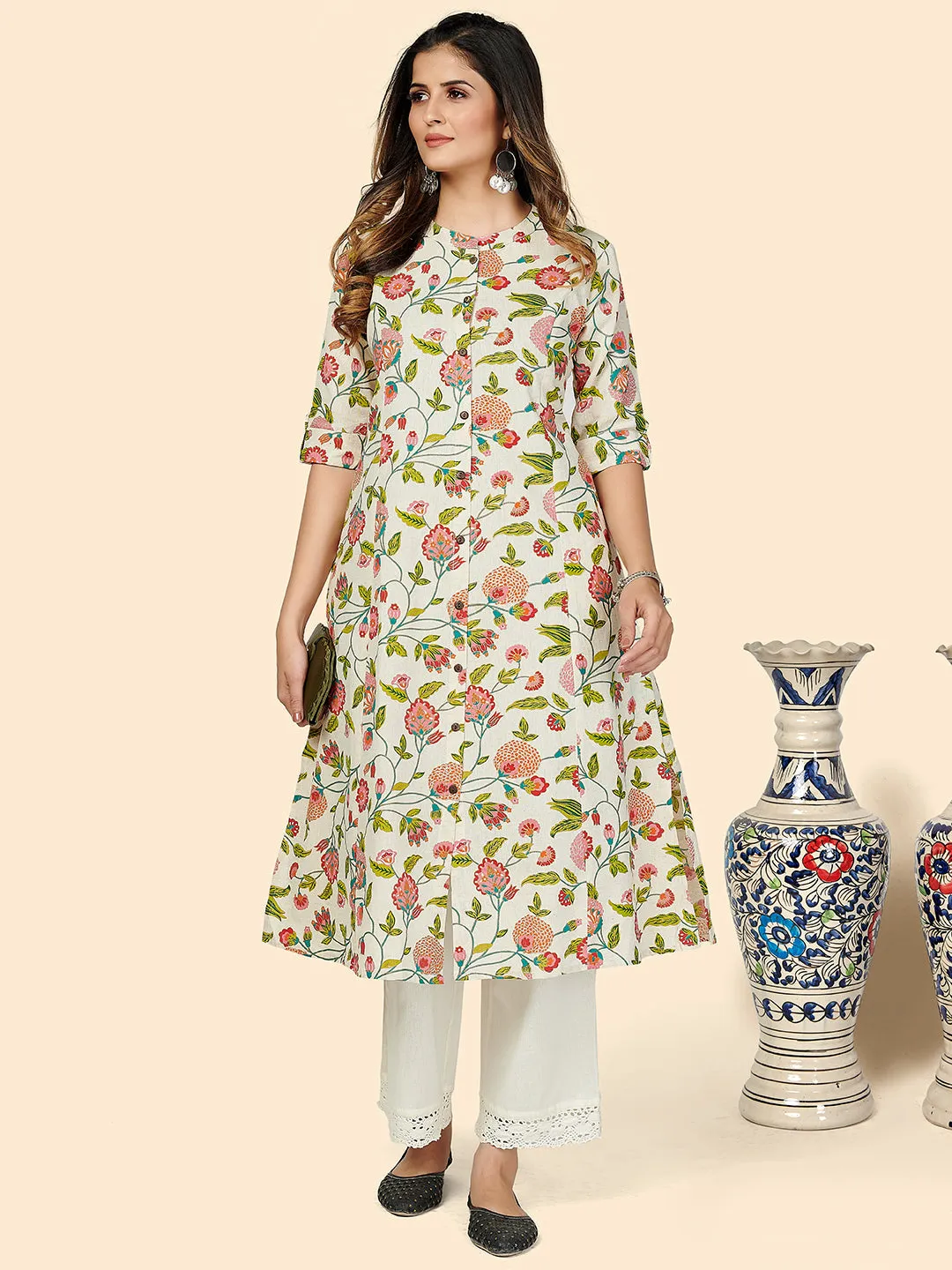 Women'S Floral Print A-Line Cotton Beige Stitched Kurta
