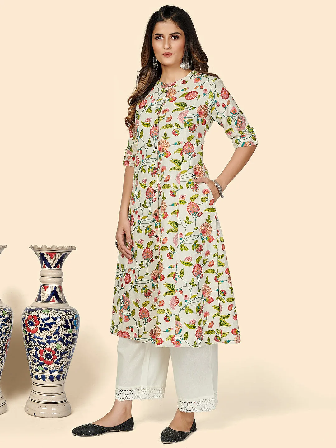 Women'S Floral Print A-Line Cotton Beige Stitched Kurta