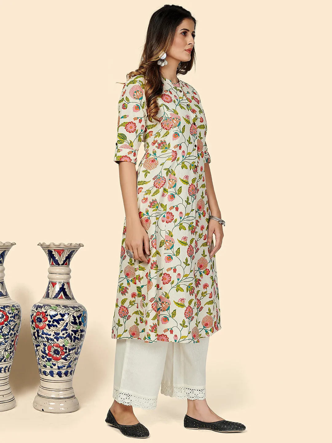 Women'S Floral Print A-Line Cotton Beige Stitched Kurta