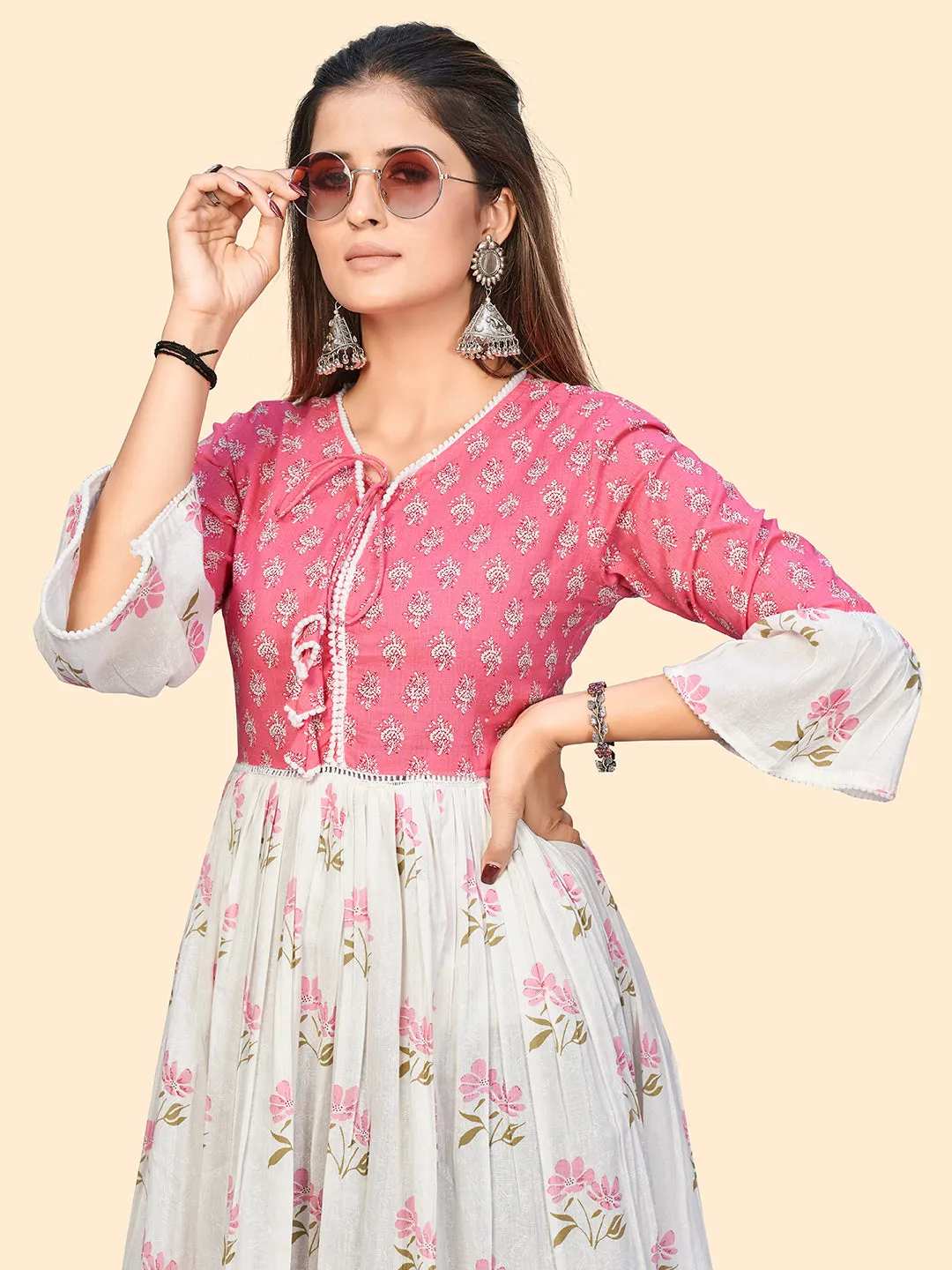 Women'S Floral Print A-Line Cotton Pink & White Stitched Dress