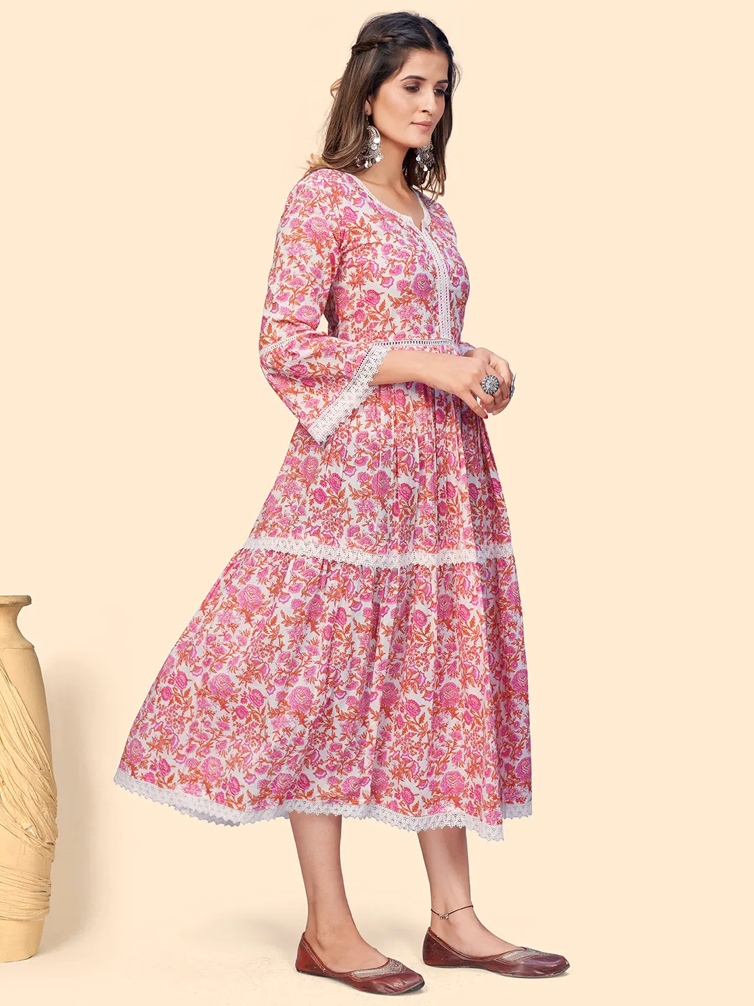 Women'S Floral Print Flared Cotton Pink Stitched Kurta
