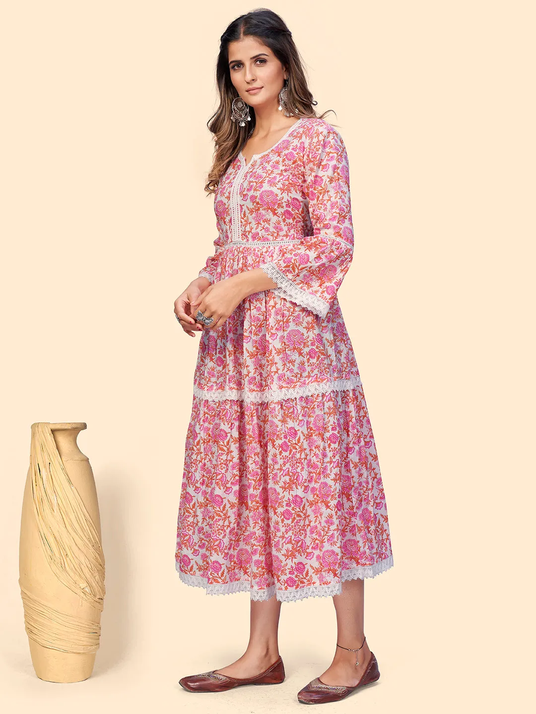 Women'S Floral Print Flared Cotton Pink Stitched Kurta