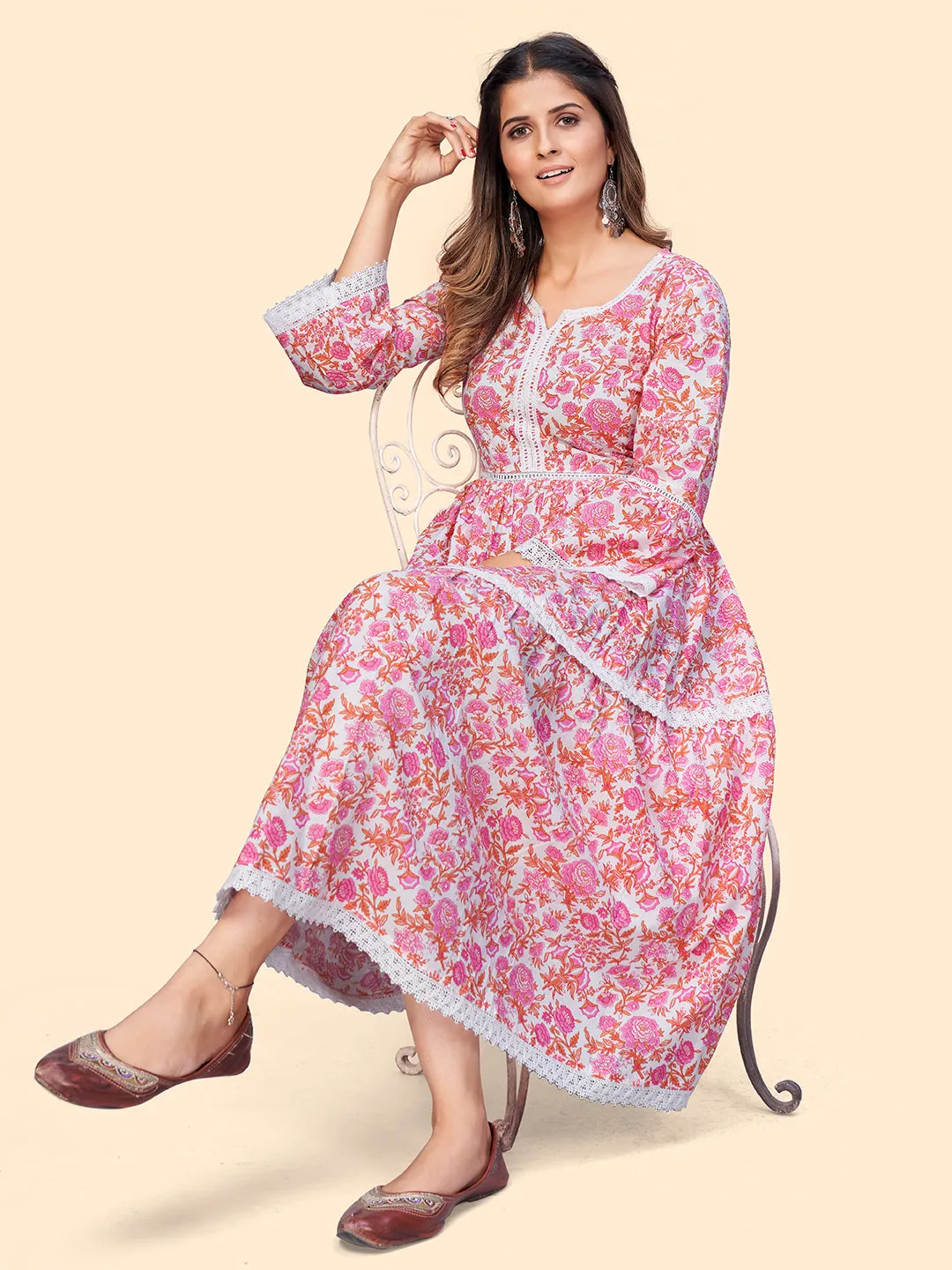 Women'S Floral Print Flared Cotton Pink Stitched Kurta