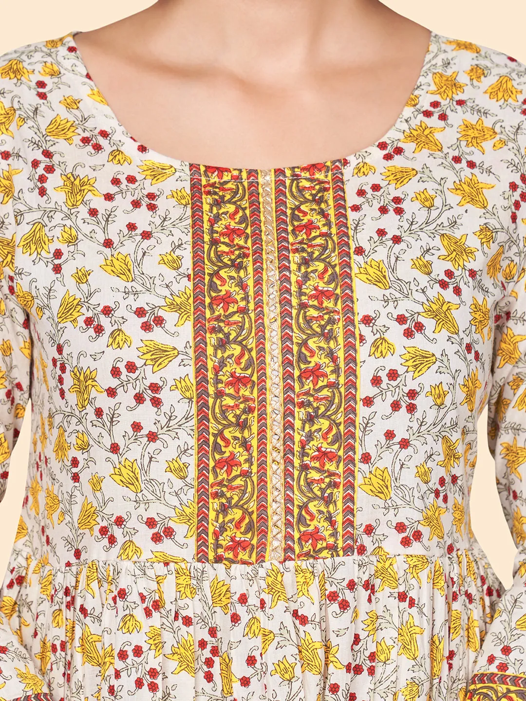 Women'S Floral Print Flared Cotton Yellow Stitched Dress