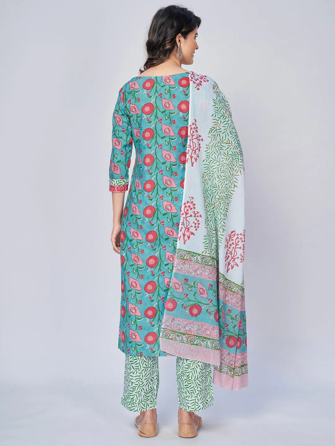 Women'S Floral Print Straight Cotton Aqua Kurta Pant With Dupatta