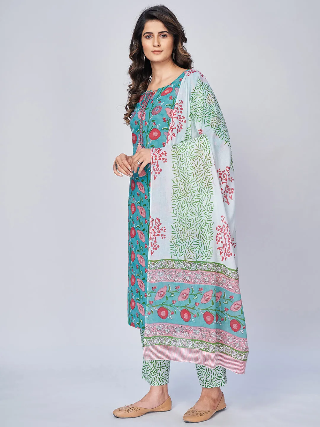 Women'S Floral Print Straight Cotton Aqua Kurta Pant With Dupatta