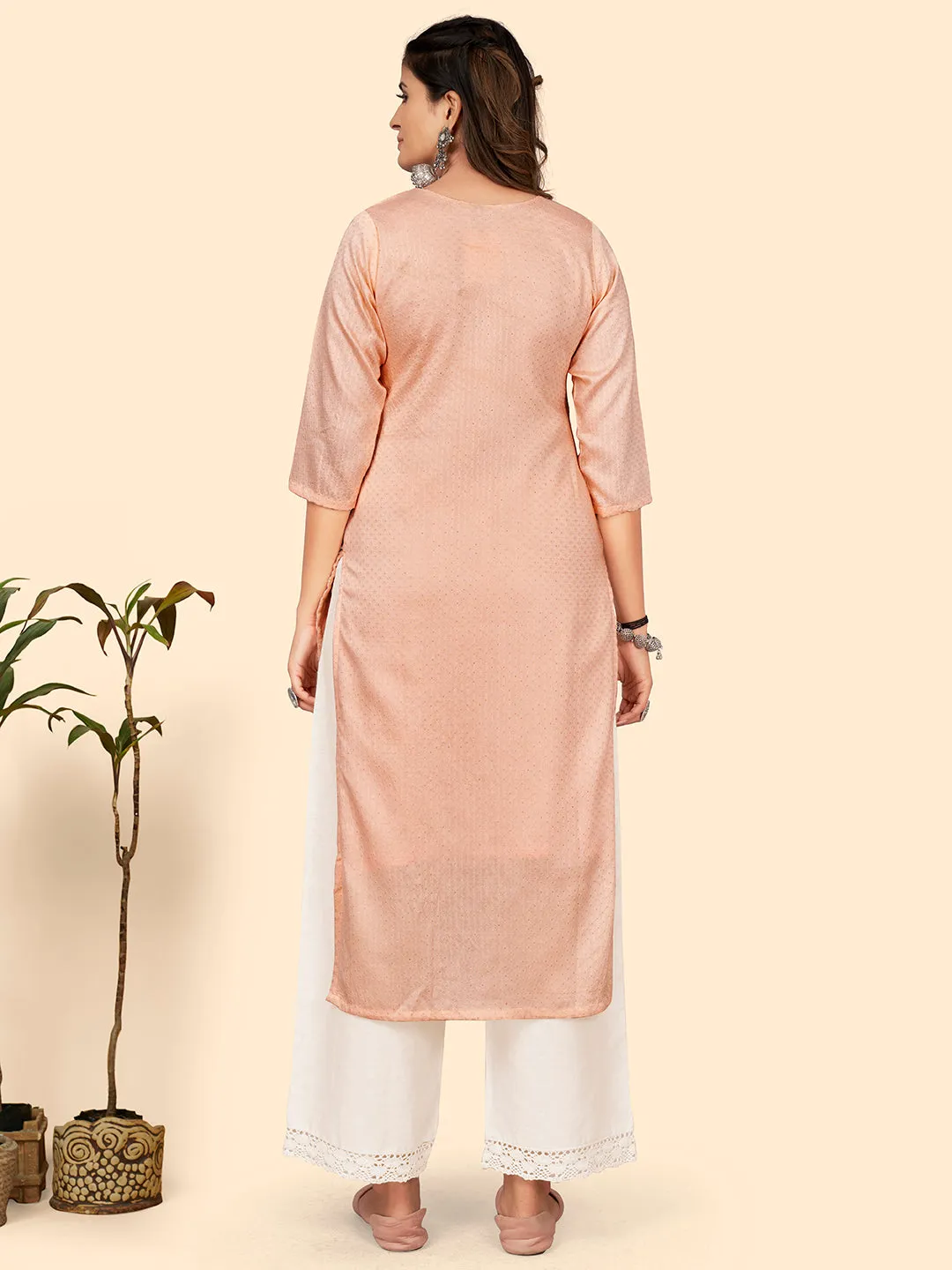 Women'S Hand Work Straight Chanderi Jacquard Peach Stitched Kurta