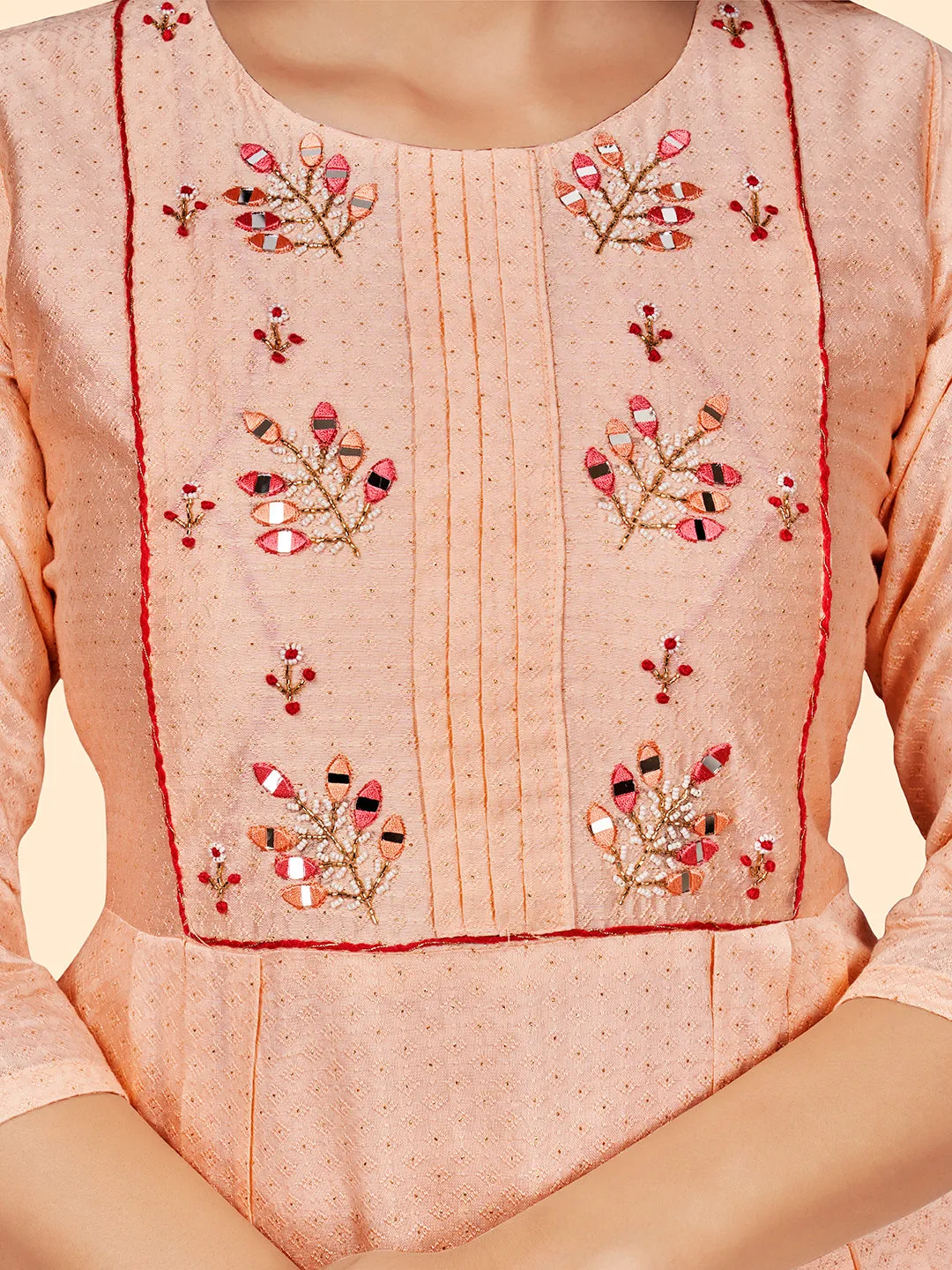 Women'S Hand Work Straight Chanderi Jacquard Peach Stitched Kurta