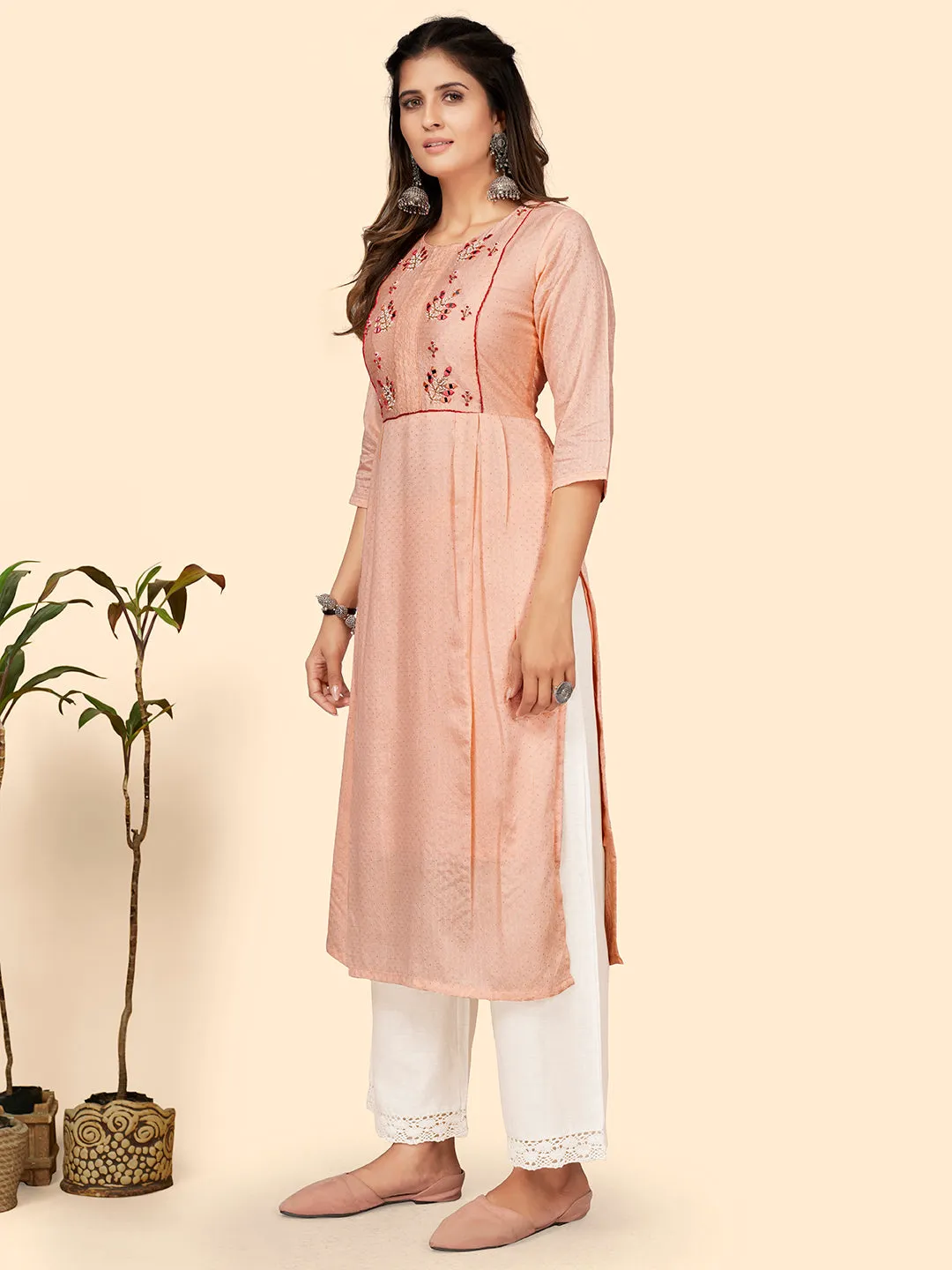 Women'S Hand Work Straight Chanderi Jacquard Peach Stitched Kurta