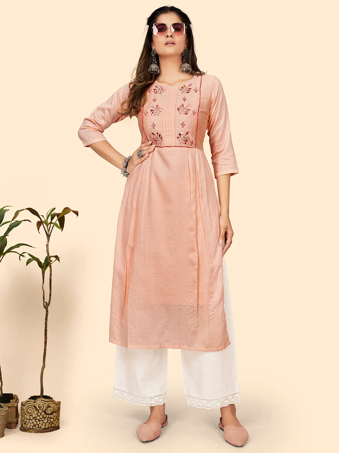 Women'S Hand Work Straight Chanderi Jacquard Peach Stitched Kurta
