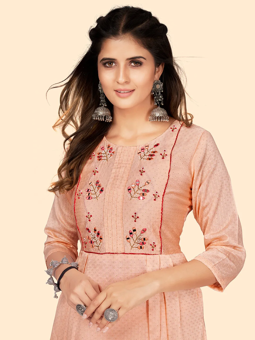 Women'S Hand Work Straight Chanderi Jacquard Peach Stitched Kurta