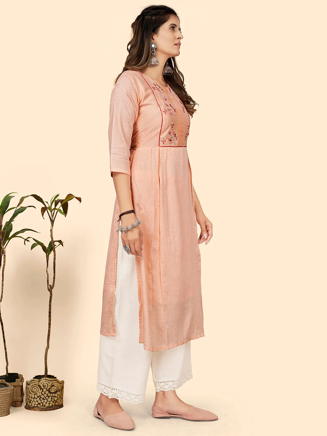 Women'S Hand Work Straight Chanderi Jacquard Peach Stitched Kurta